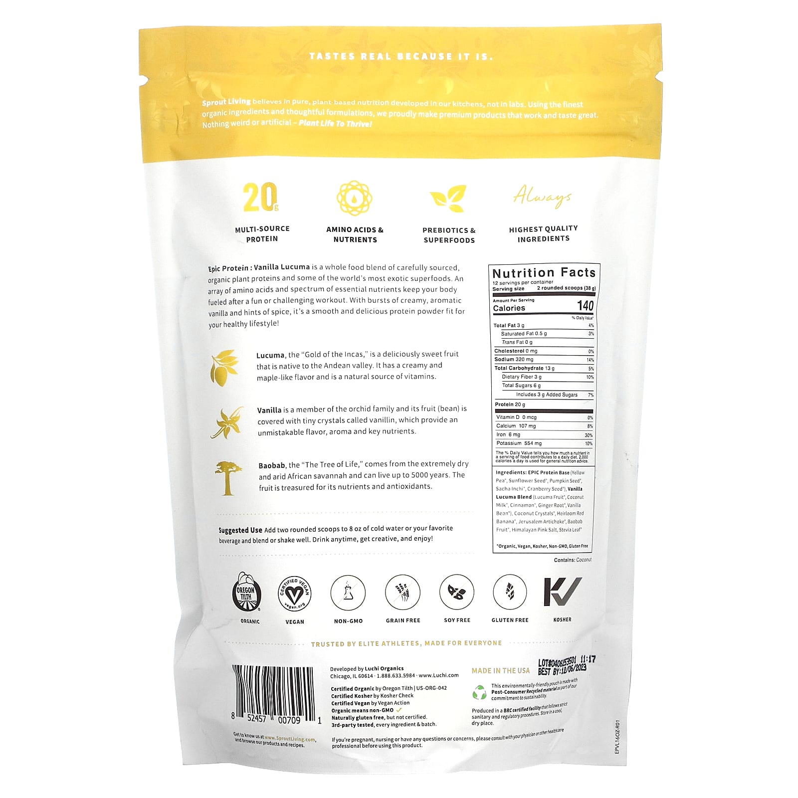 Sprout Living, Epic Protein, ваниль и лукума, 455 г (1 фунт)