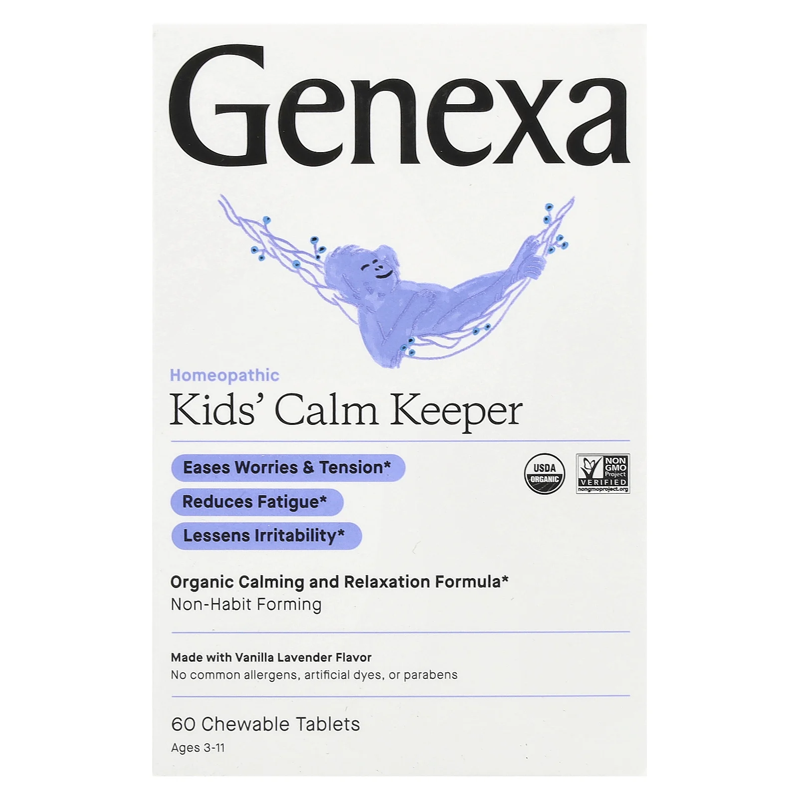 Genexa LLC, Children's Calm Keeper, успокаивает и расслабляет, для детей от 3 лет, ваниль и лаванда, 60 жевательных таблеток