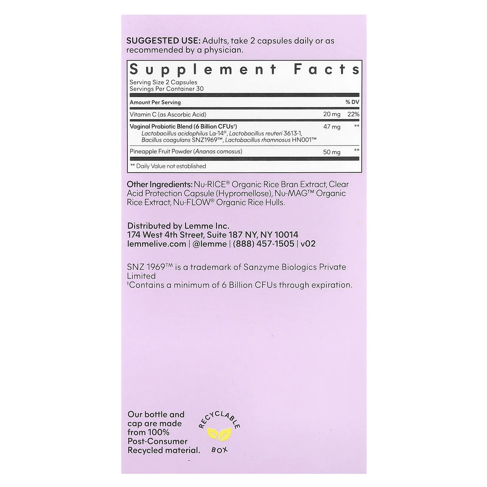 Lemme, Purr, пробиотики для здоровья влагалища, 60 веганских капсул