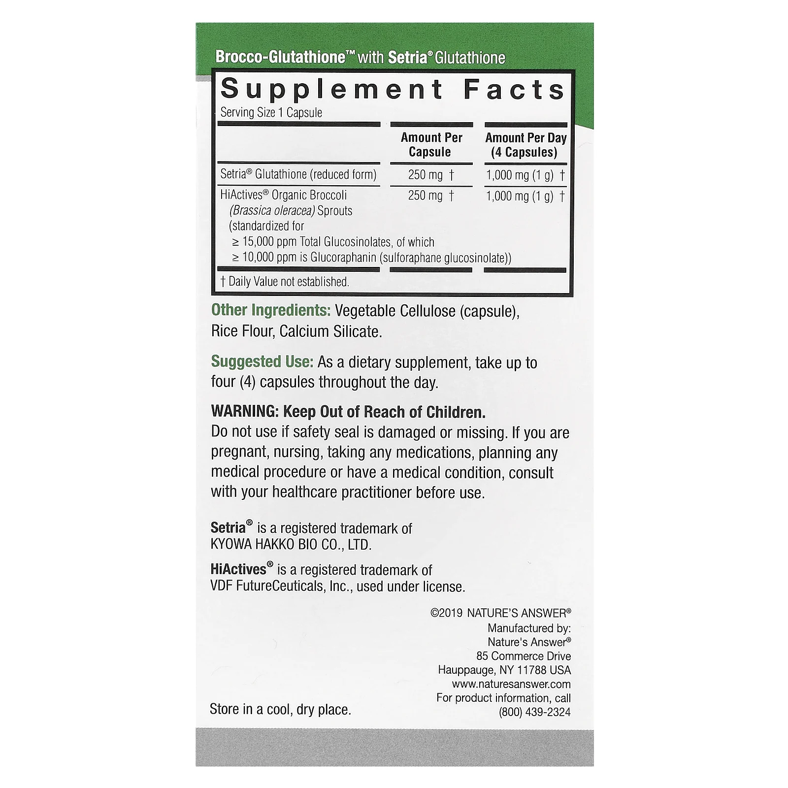 Nature's Answer, Brocco-Glutathione, средство с брокколи и глутатионом, 500 мг, 60 растительных капсул