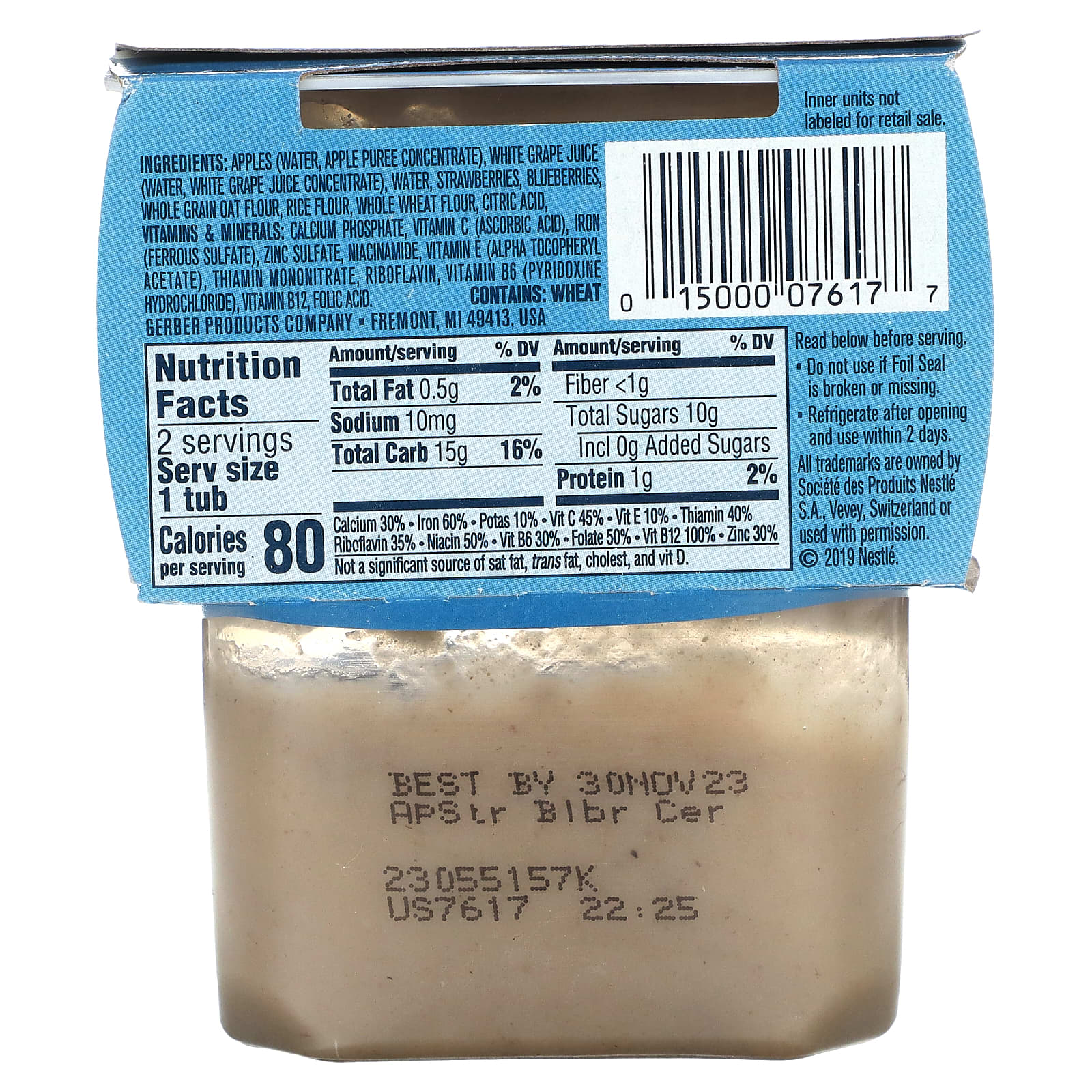 Gerber, яблоко, клубника и голубика со смесью хлопьев, второй продукт, 2 пакетика по 113 г (4 унции)