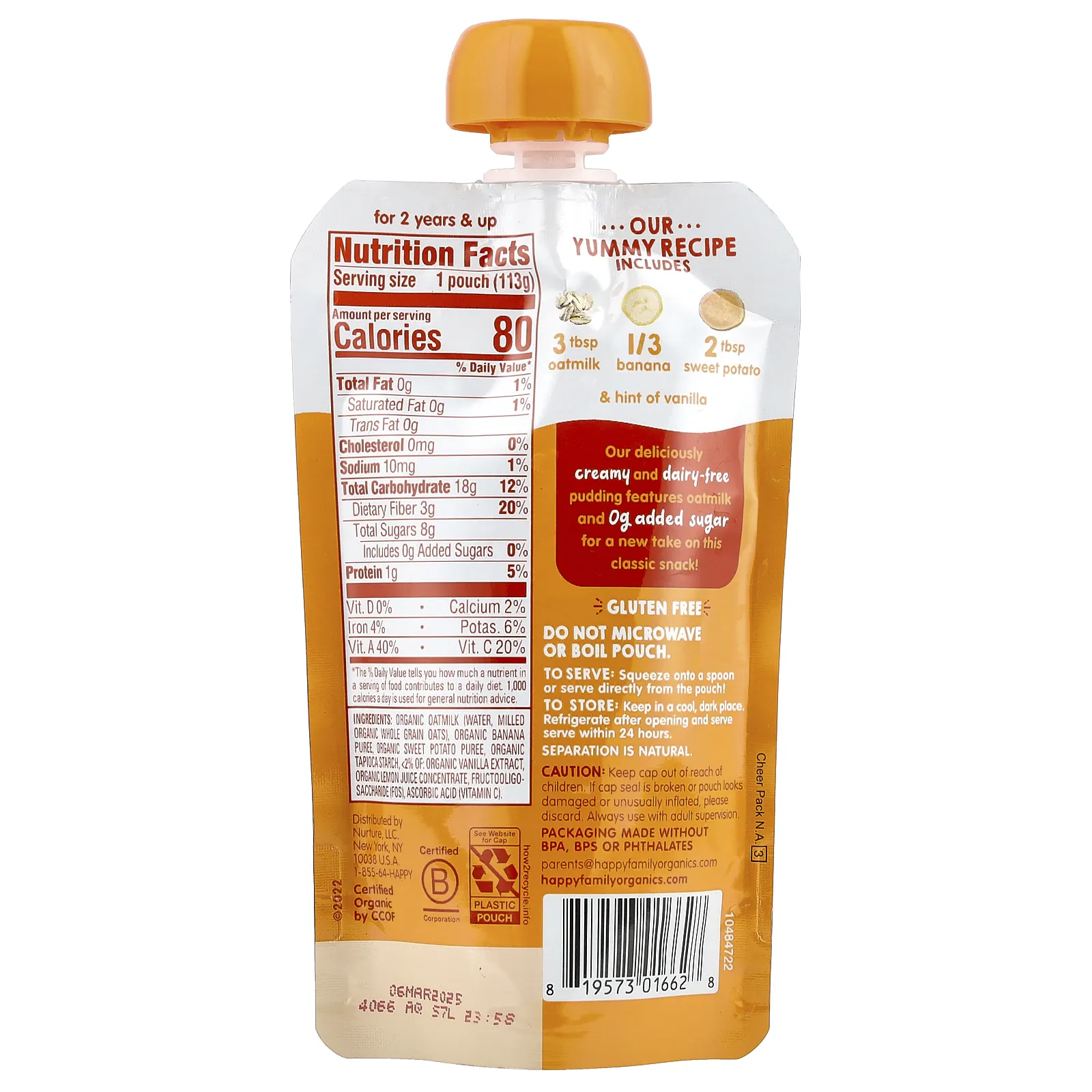 Happy Family Organics, Happy Tot, овсяный пудинг, этап 4, органическое овсяное молоко, бананы и батат, 113 г (4 унции)