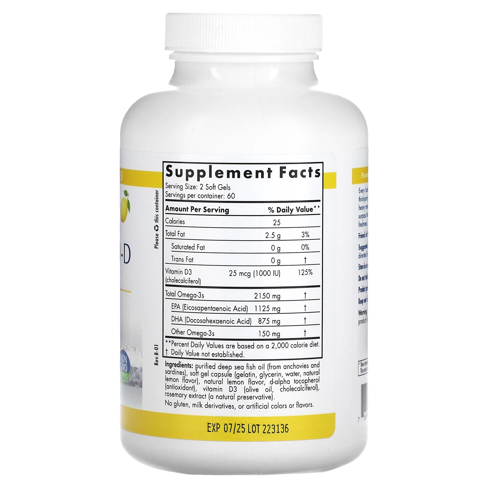 Nordic Naturals, ProOmega 2000-D, омега-3, со вкусом лимона, 1250 мг, 120 капсул (625 мг в 1 капсуле)