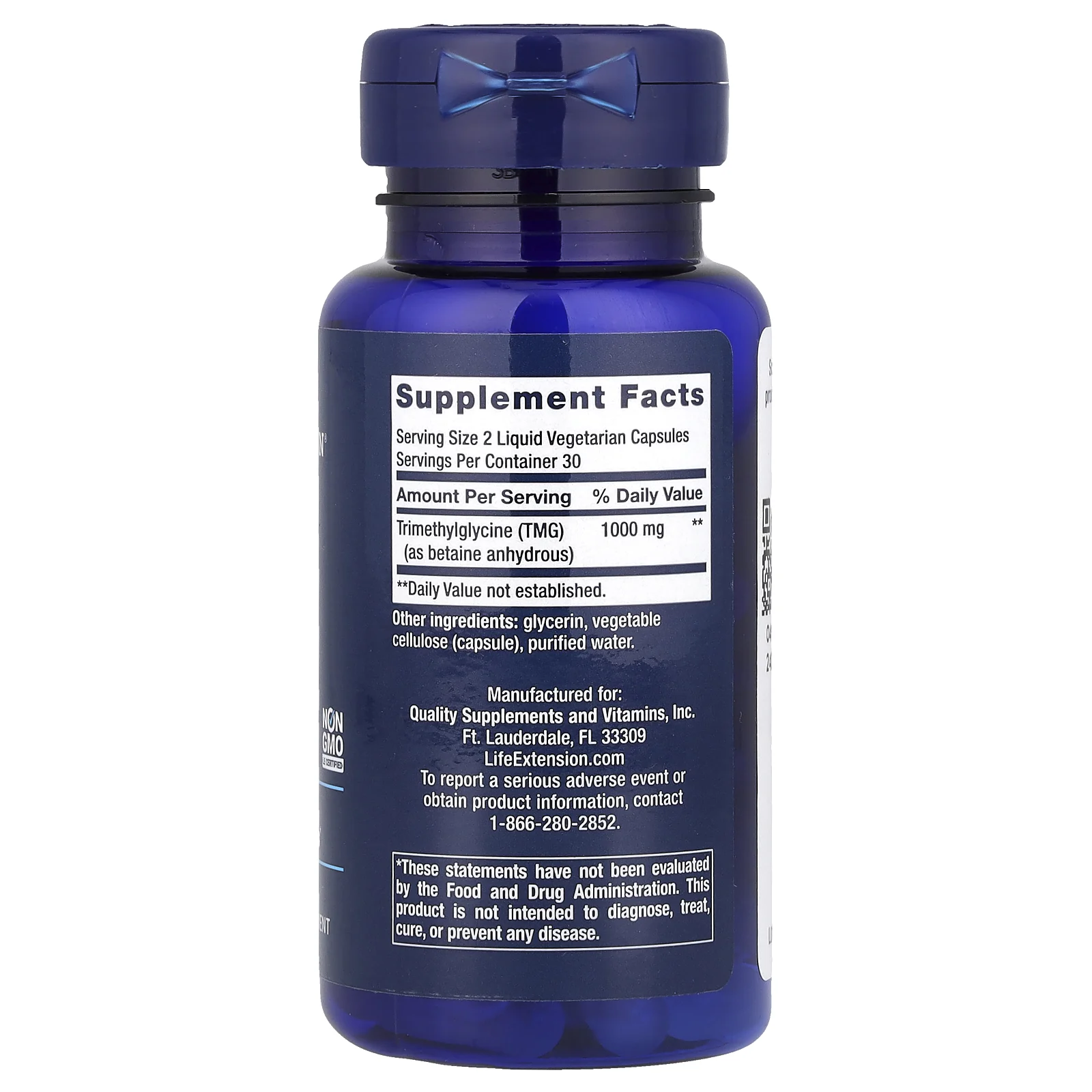 Life Extension, TMG, триметилглицин, 500 мг, 60 вегетарианских капсул с жидкостью