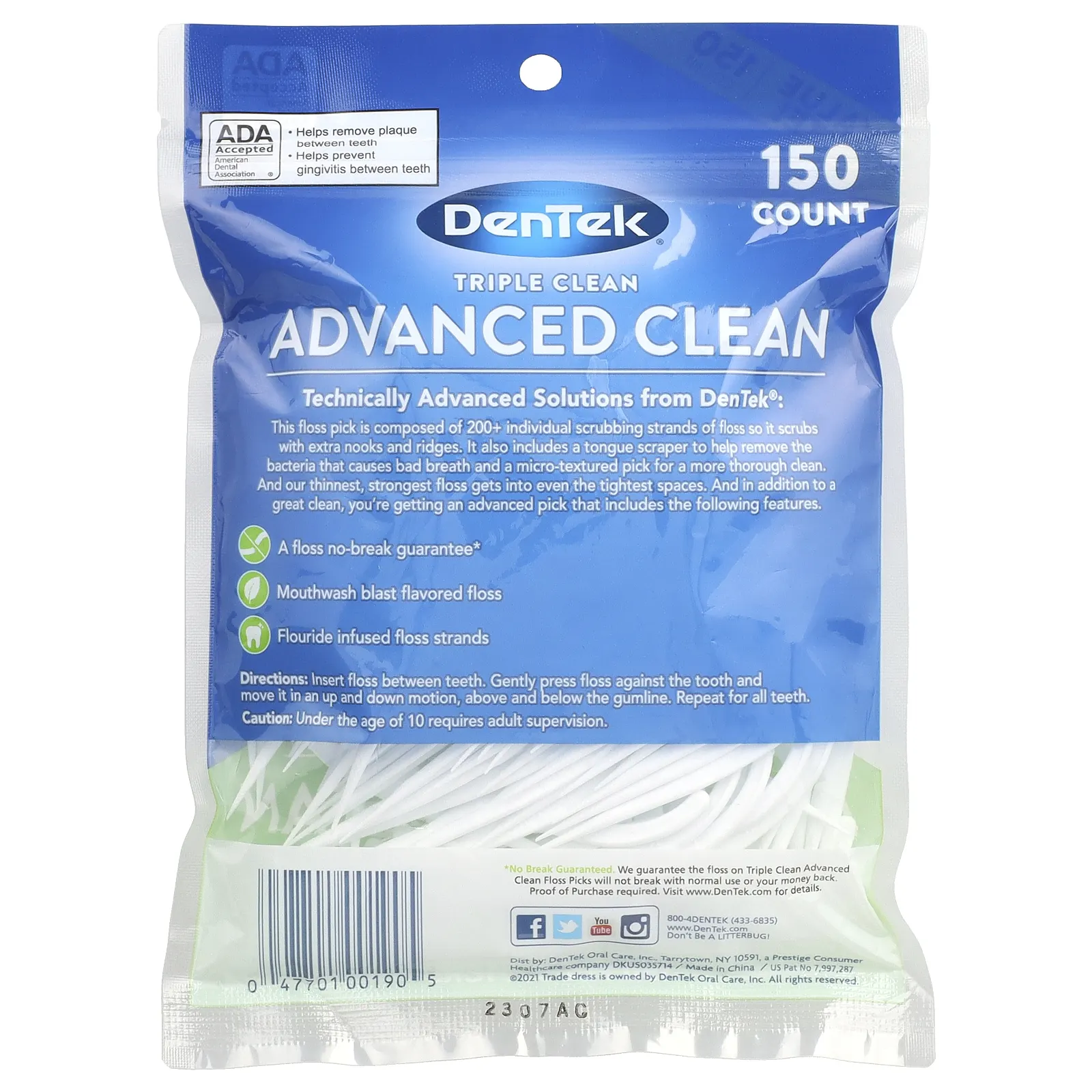 DenTek, Advanced Clean Floss Picks, жидкость для полоскания рта, 150 зубочисток