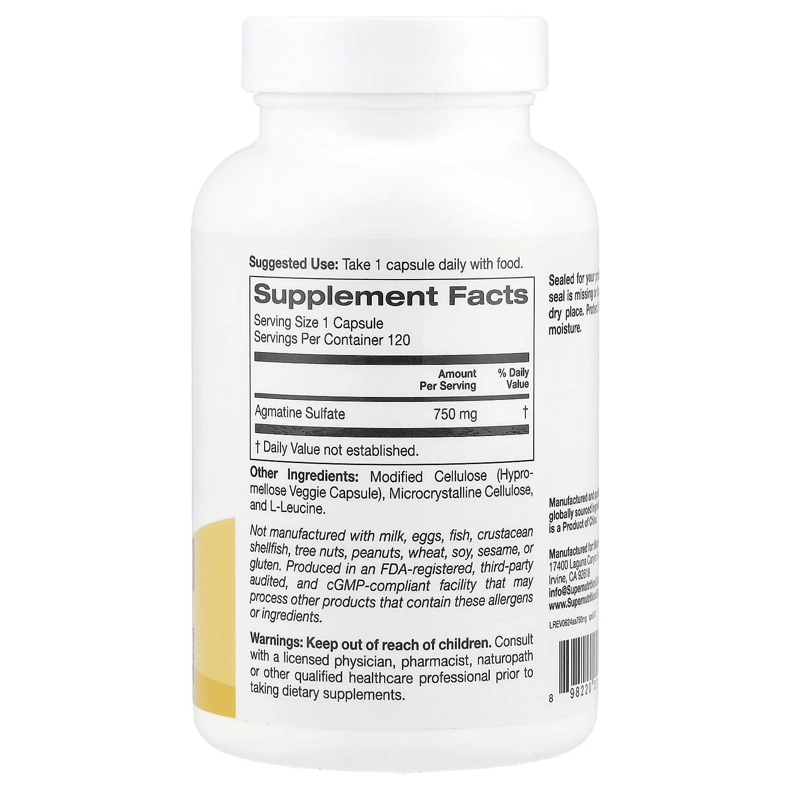 Super Nutrition, сульфат агматина, 750 мг, 120 растительных капсул