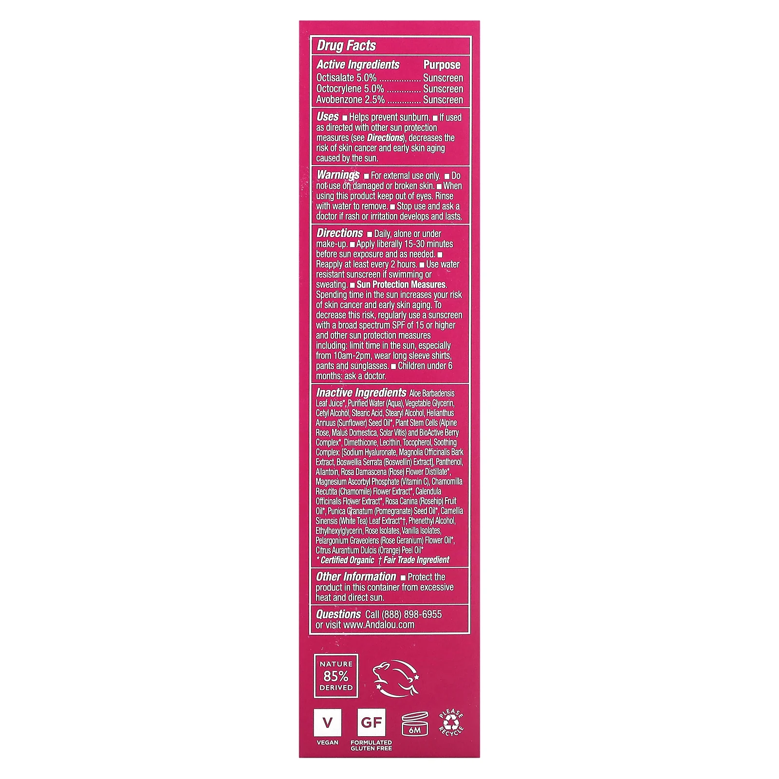 Andalou Naturals, 1000 Roses, лосьон для лица, дневной тон, SPF 18, для чувствительной кожи, 80 мл (2,7 жидк. унции)