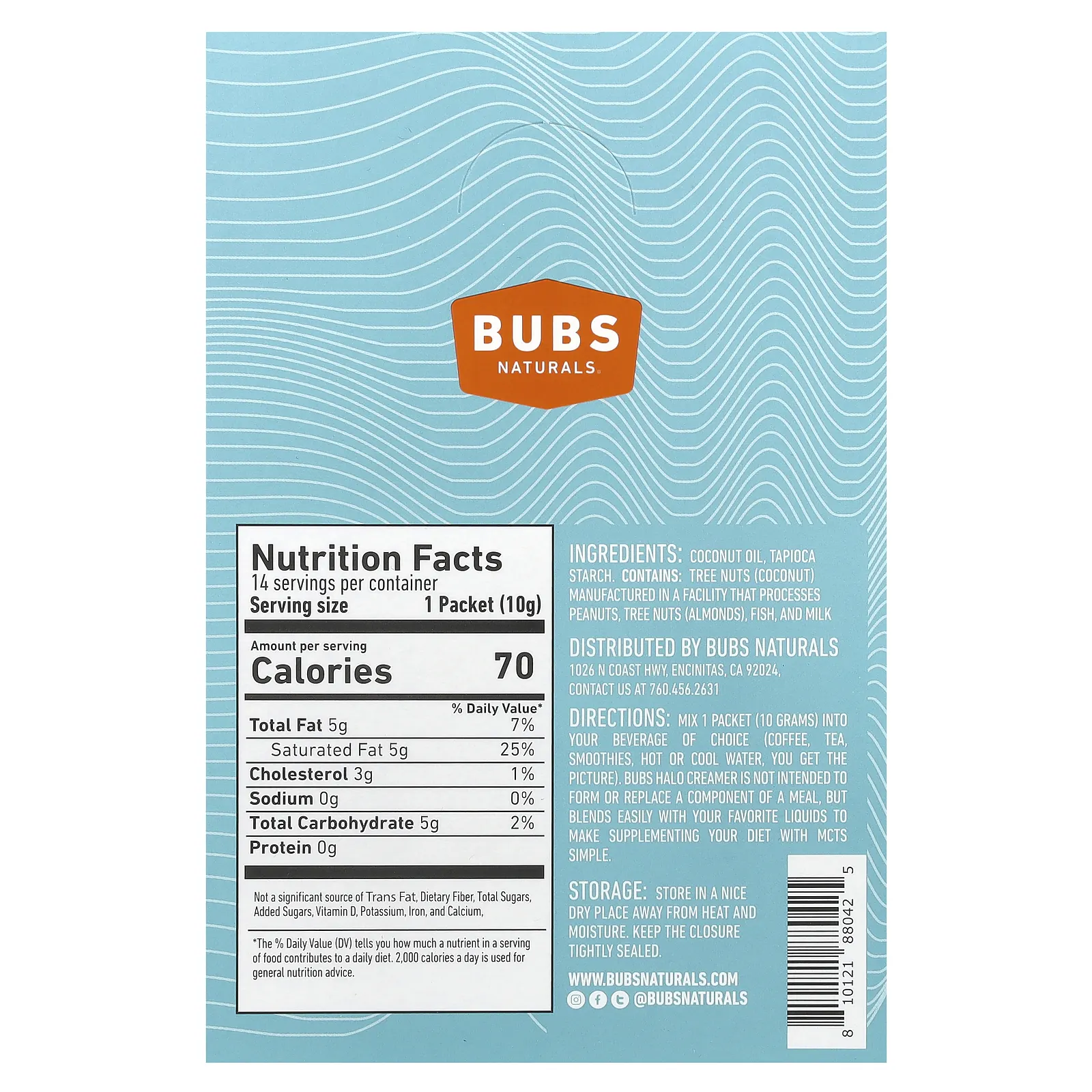 BUBS Naturals, Halo Creamer, масло со среднецепочечными триглицеридами в порошке, без добавок, 14 пакетиков по 10 г (0,35 унции)