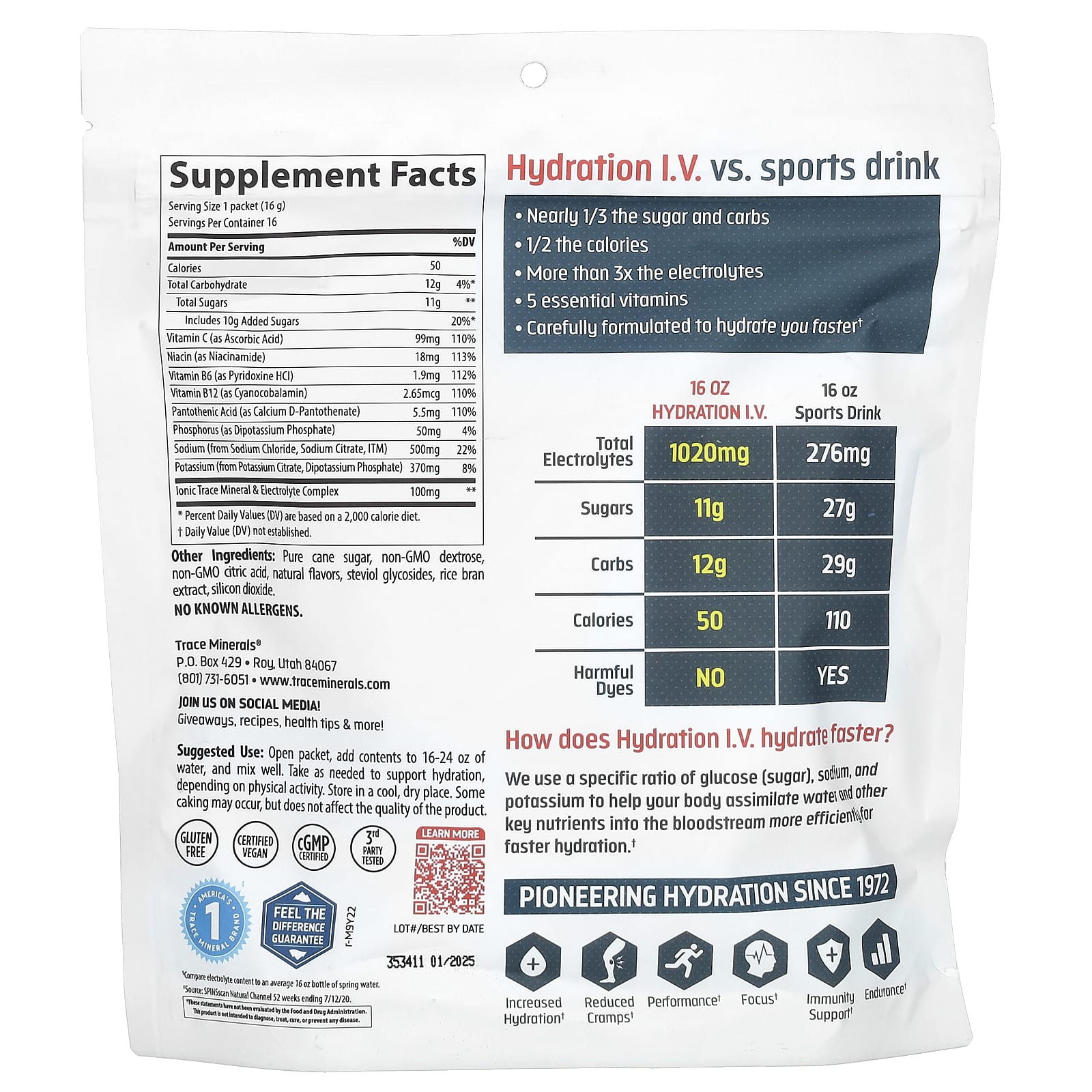 Trace Minerals ®, Hydration IV, Пакеты для напитков с электролитами, малиново-лимонадный вкус, 16 пакетов по 0,56 унции (16 г) каждый