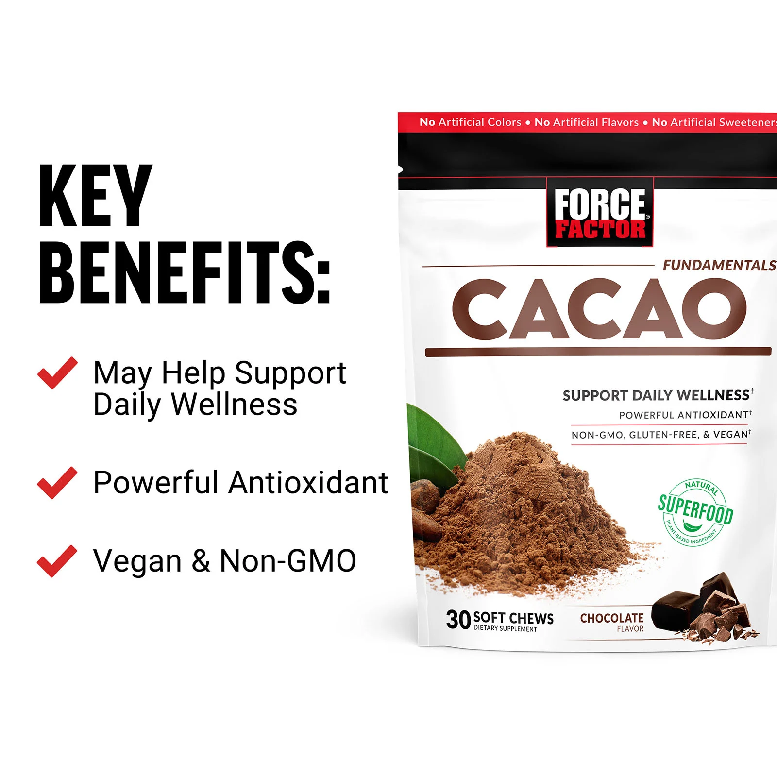 Force Factor, Fundamentals, какао, шоколад, 30 жевательных таблеток