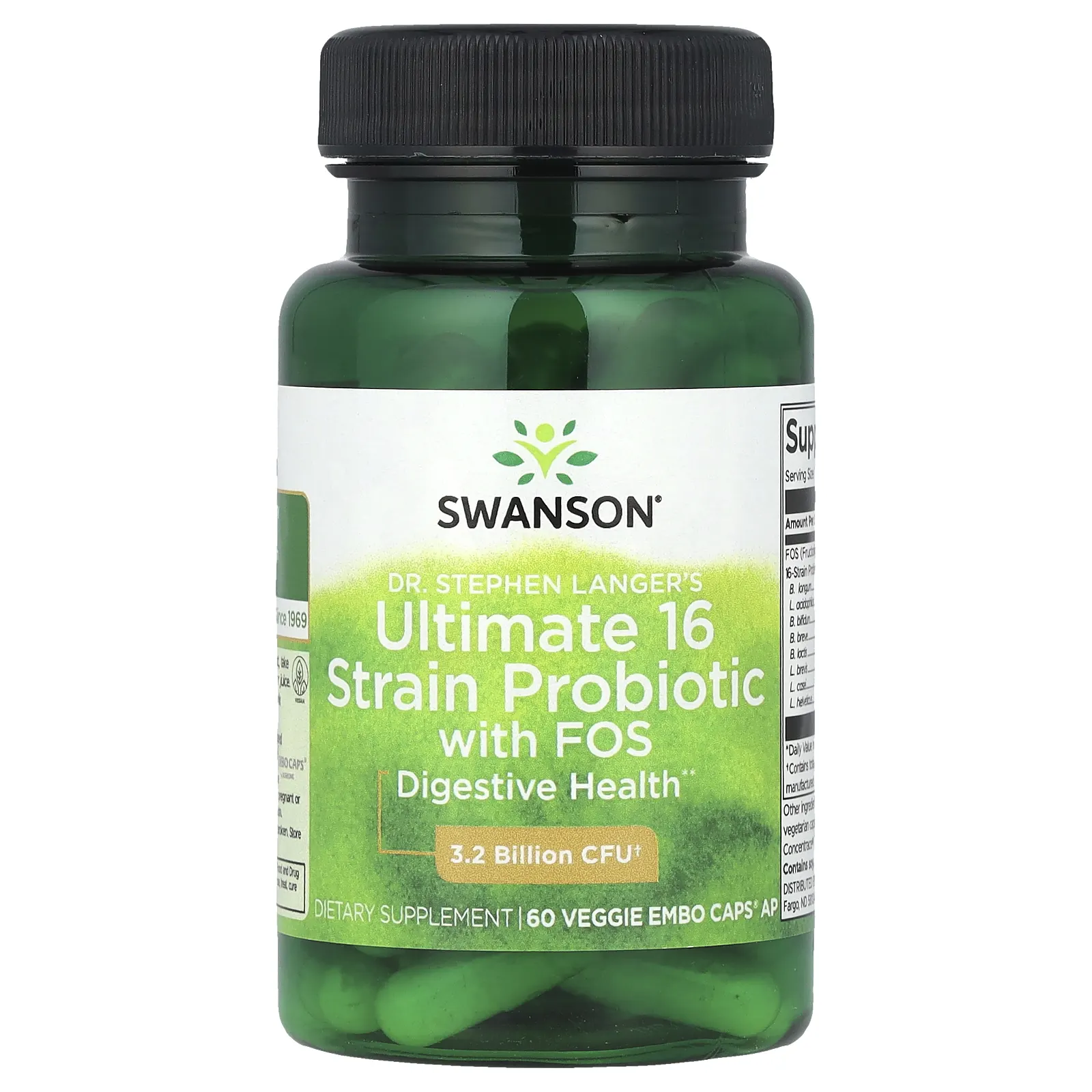Swanson, Ultimate 16 Strain Probiotic, пробиотик из 16 штаммов с ФОС, 3,2 млрд КОЕ, 60 вегетарианских капсул EMBO Caps AP