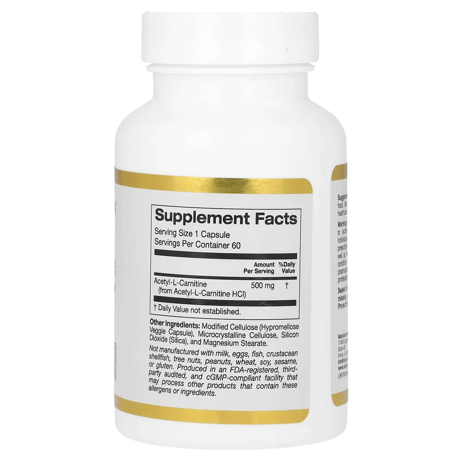 California Gold Nutrition, ацетил-L-карнитин, 500 мг, 60 растительных капсул