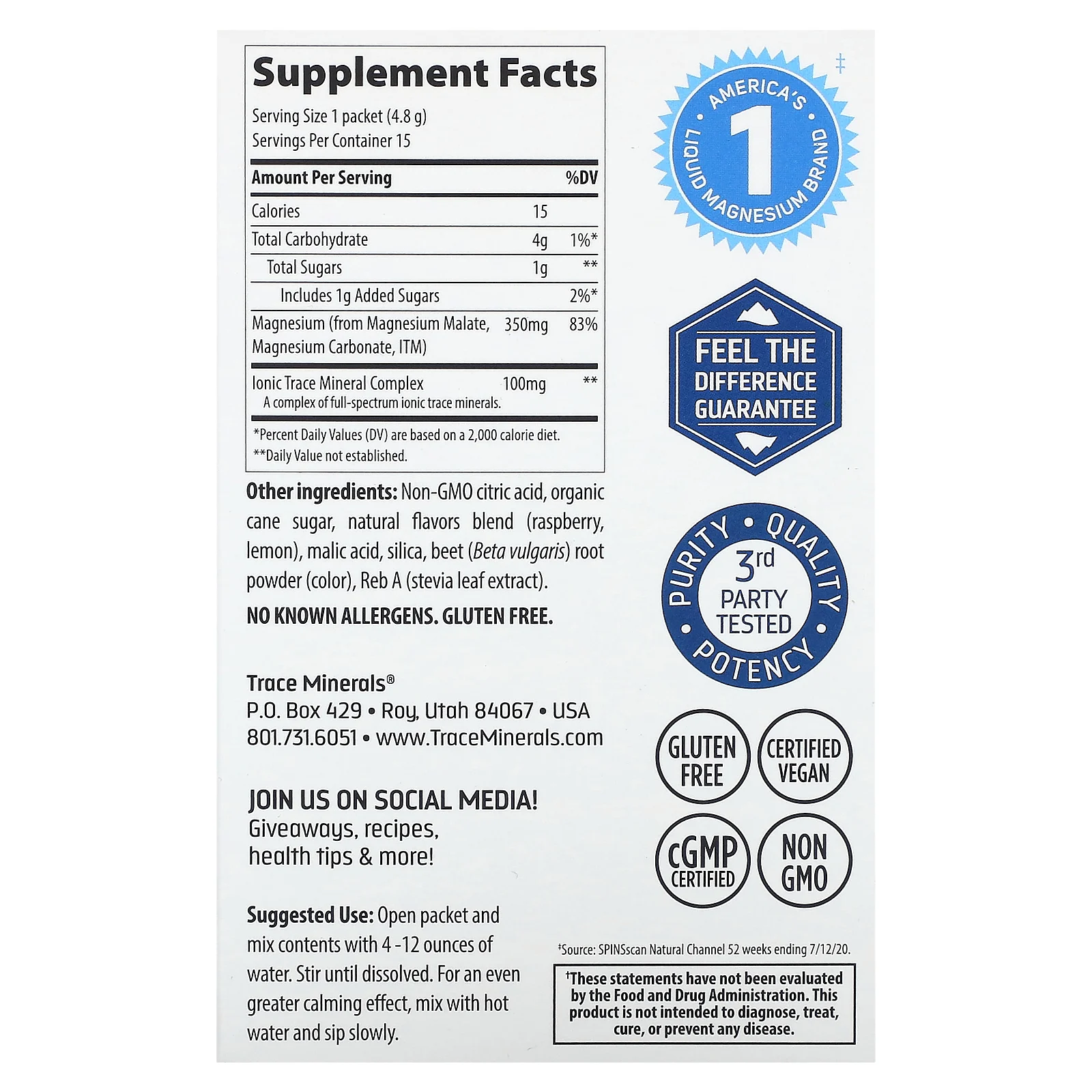 Trace Minerals ®, Mag Pak, цитрусовая малина, 350 мг, 15 пакетиков по 4,8 г (0,17 унции)