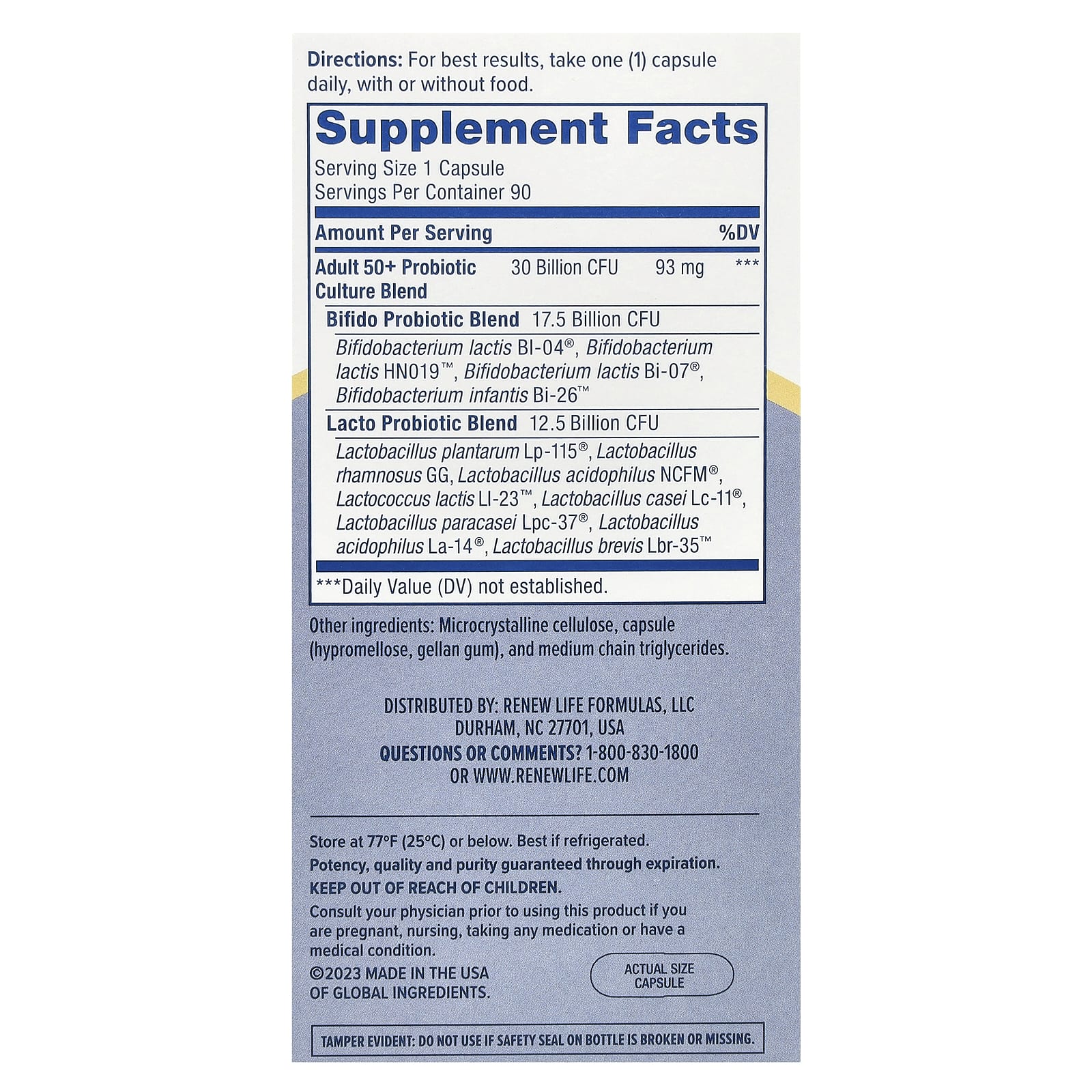 Renew Life, пробиотик для взрослых старше 50 лет, 30 млрд КОЕ, 90 вегетарианских капсул