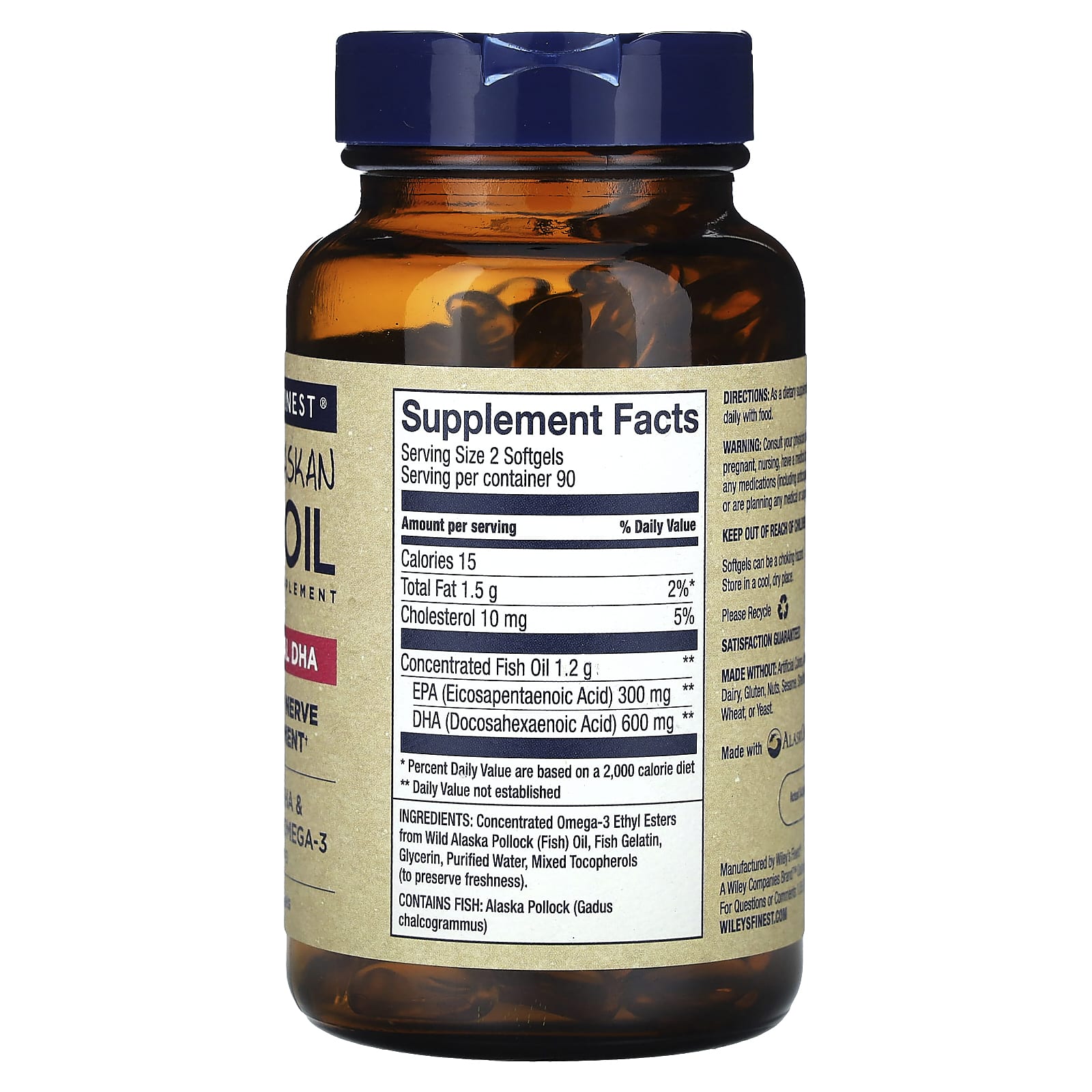 Wiley's Finest, жир диких аляскинских рыб, пренатальная ДГК, 600 мг, 180 рыбных капсул