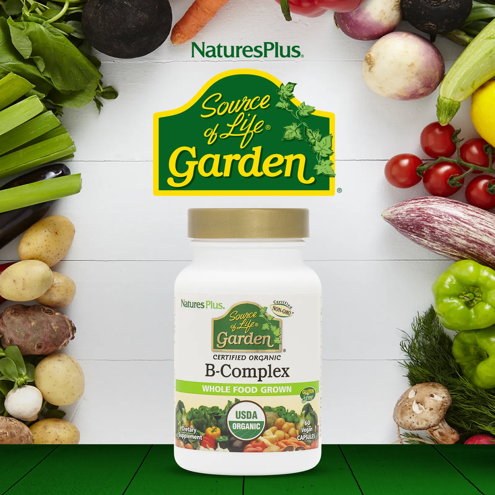 NaturesPlus, Source of Life Garden, сертифицированный органический комплекс витаминов группы B, 60 растительных капсул