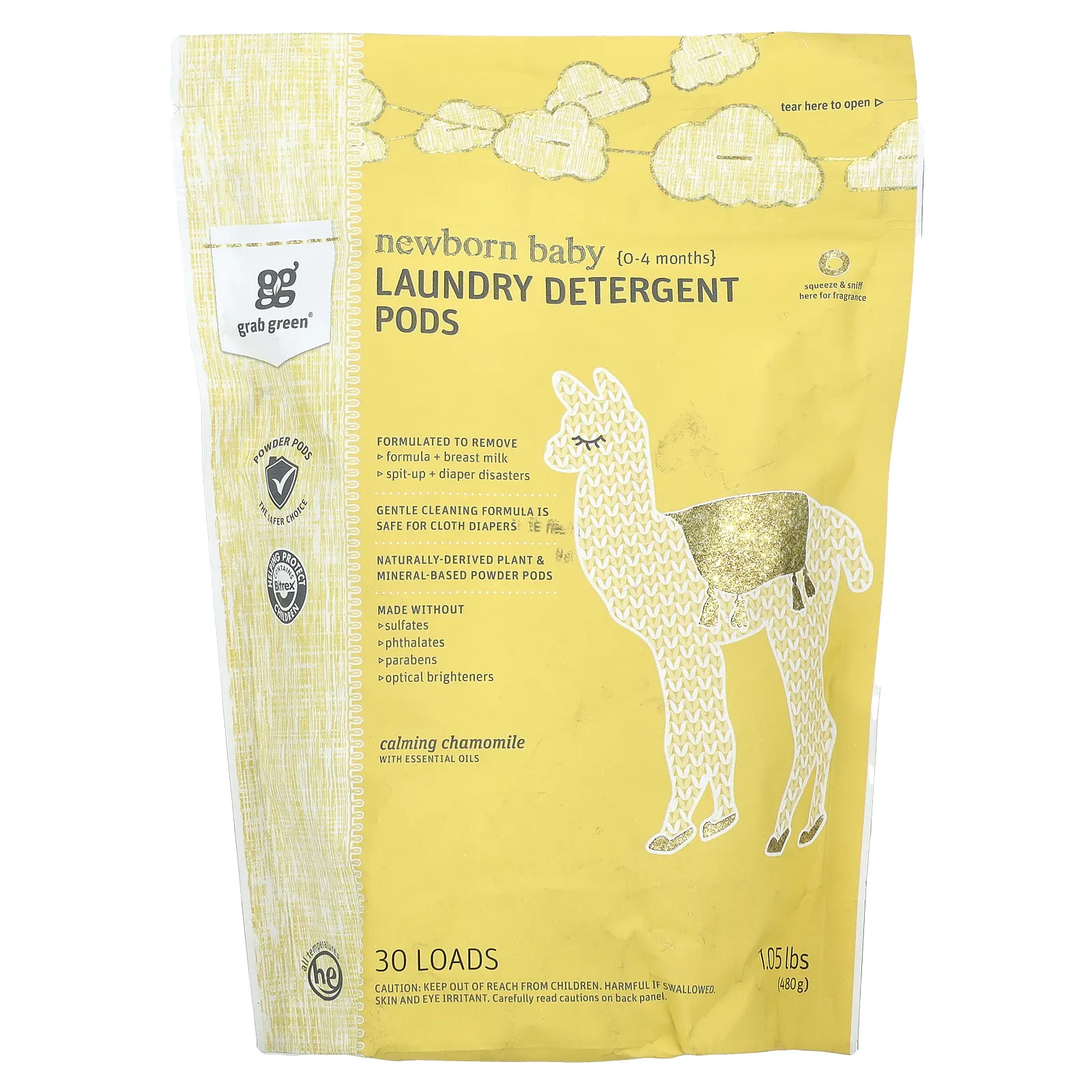 Grab Green, Капсулы со стиральным порошком, для новорожденных, от 0 до 4 месяцев, успокаивающая ромашка с эфирными маслами, 30 порций, 480 г (1,05 фунта)
