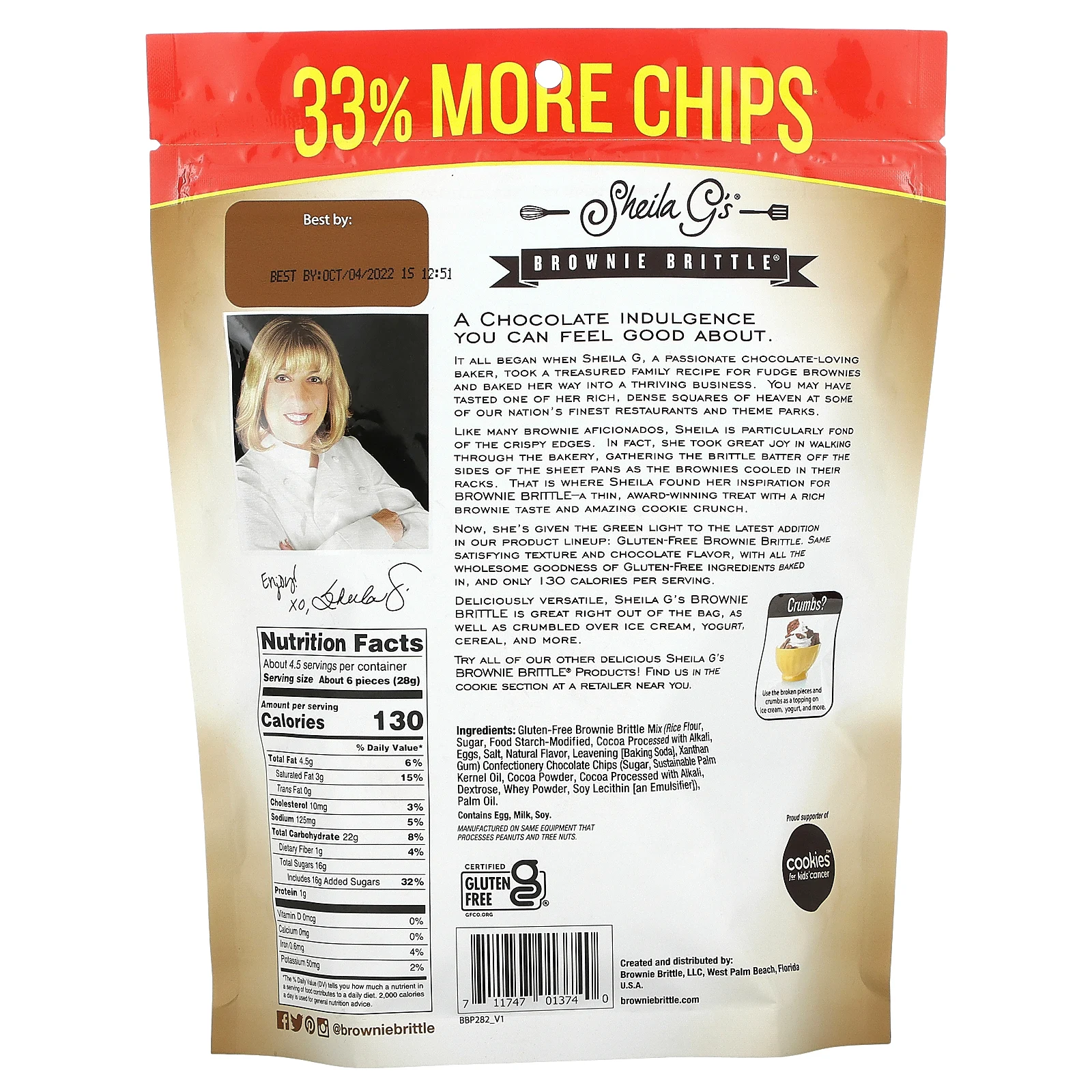Sheila G's, Brownie Brittle, без глютена, шоколадная стружка, 4.5 унций (128г)