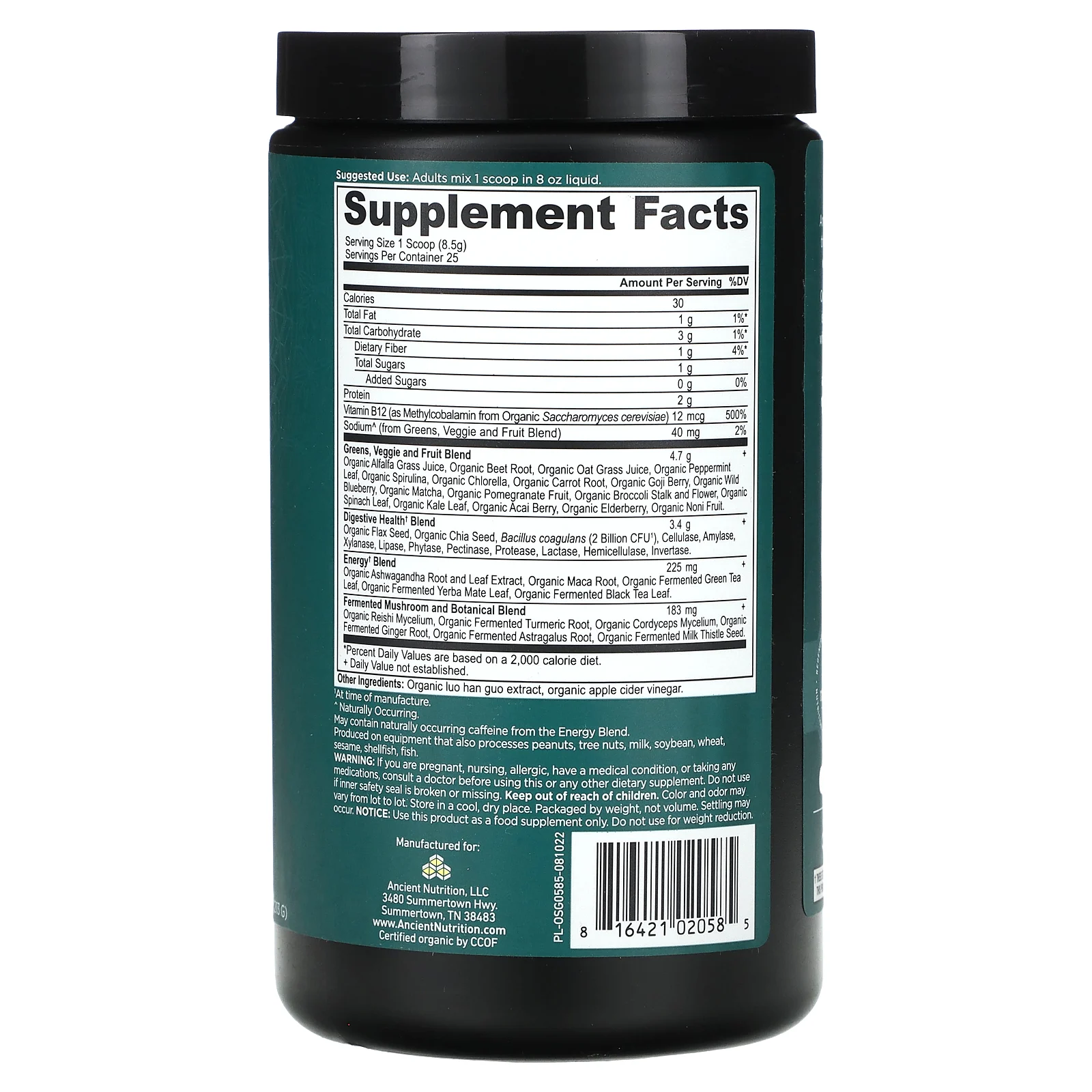 Ancient Nutrition, Organic Super Greens, источник энергии, ашваганда и листья зеленого чая, 213 г (7,5 унции)