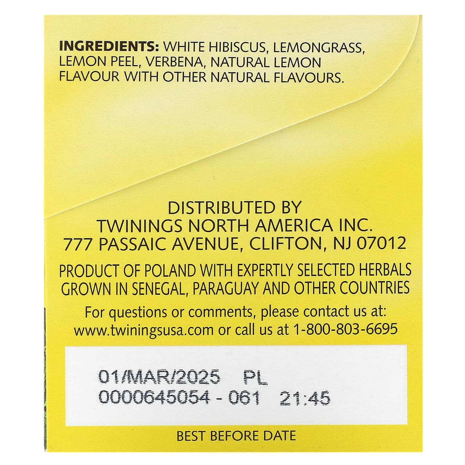 Twinings, Травяной чай, лимонное наслаждение, без кофеина, 20 отдельных чайных пакетиков, 1,41 унц. (40 г)