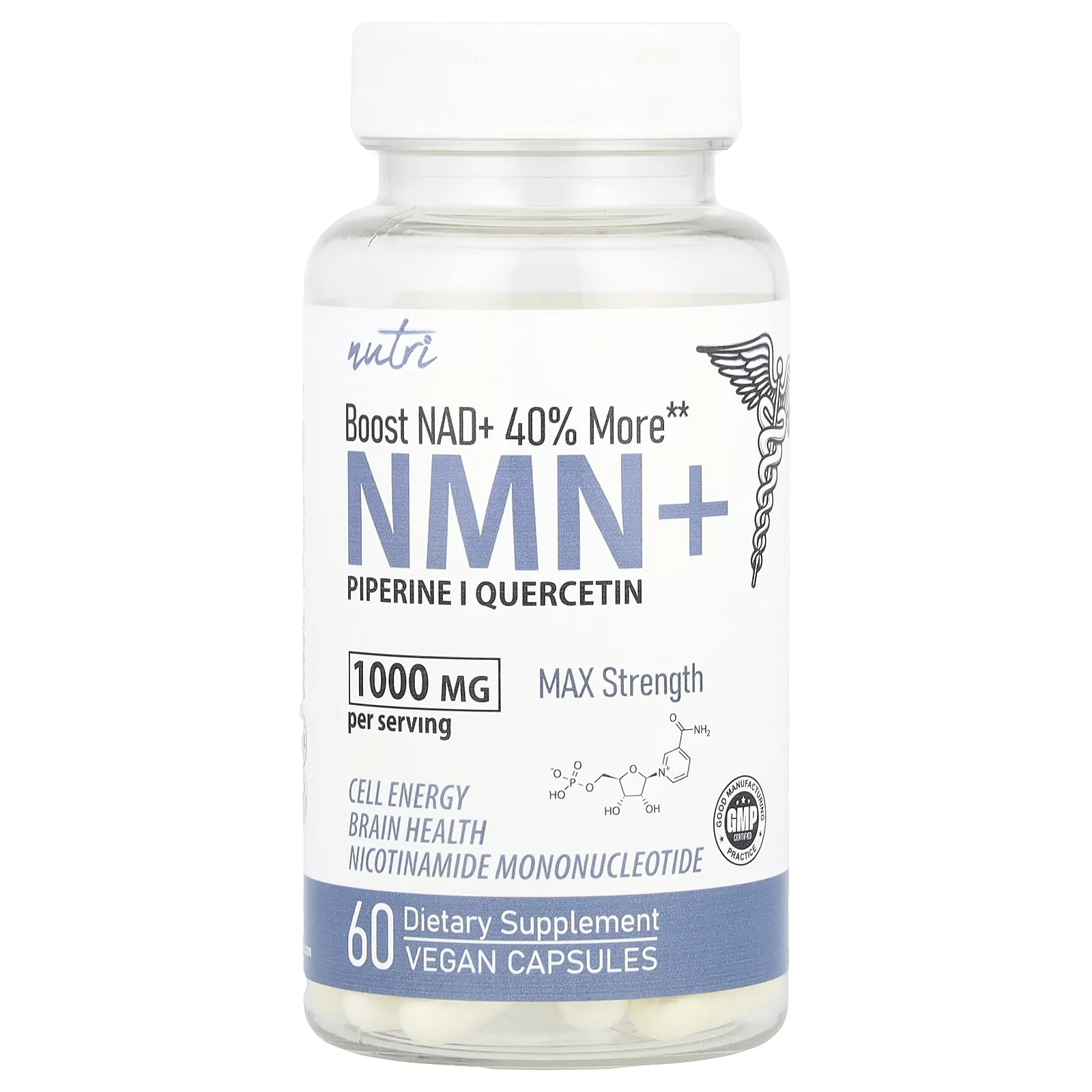 Nutri, NMN +, максимальная сила действия, 1000 мг, 60 веганских капсул (500 мг на капсулу)