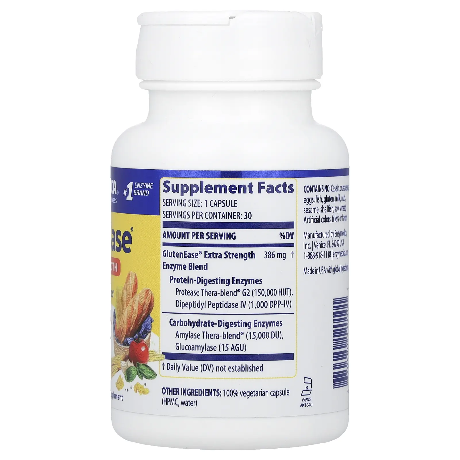 Enzymedica, GlutenEase, добавка для переваривания глютена с повышенной силой действия, 30 капсул