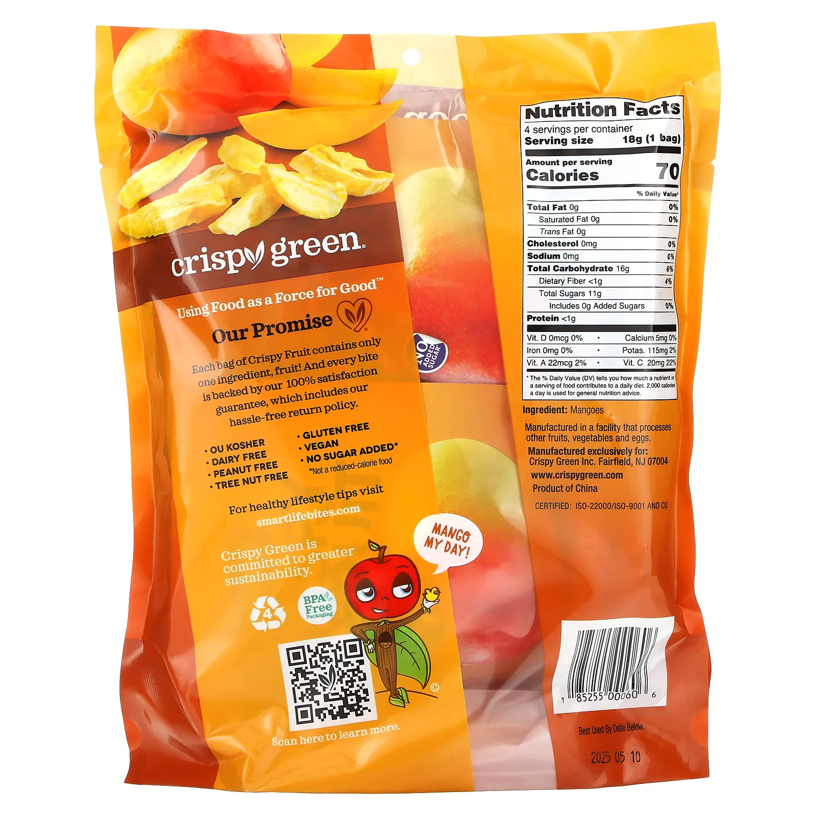 Crispy Green, Crispy Fruit, полностью манго, 4 пакетика по 18 г (0,63 унции)