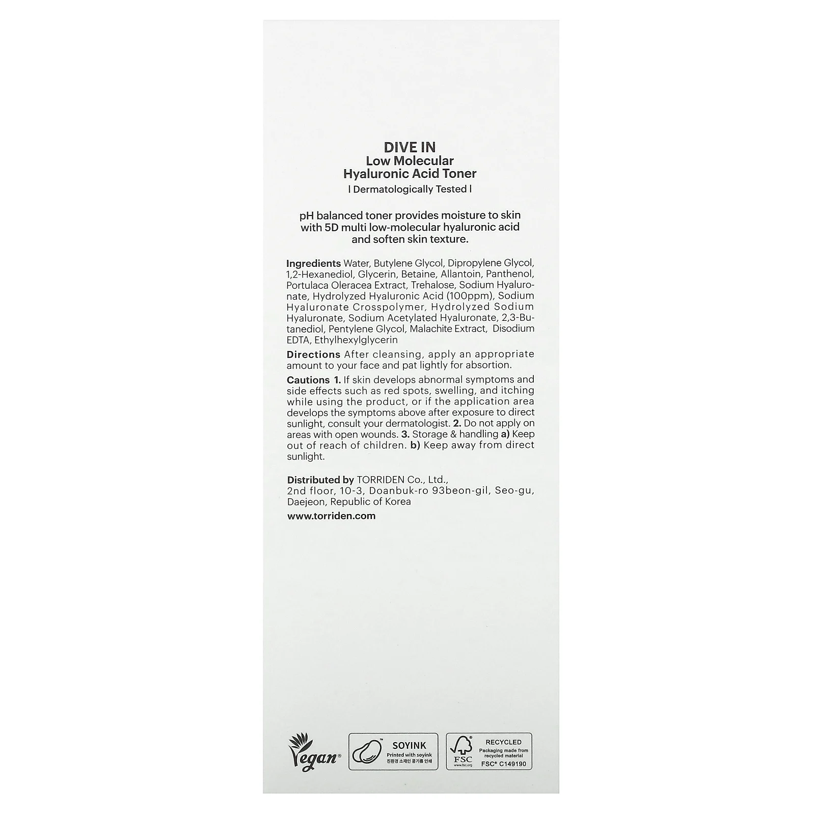 Torriden, Dive In, тоник с низкомолекулярной гиалуроновой кислотой, 300 мл (10,14 жидк. Унции)