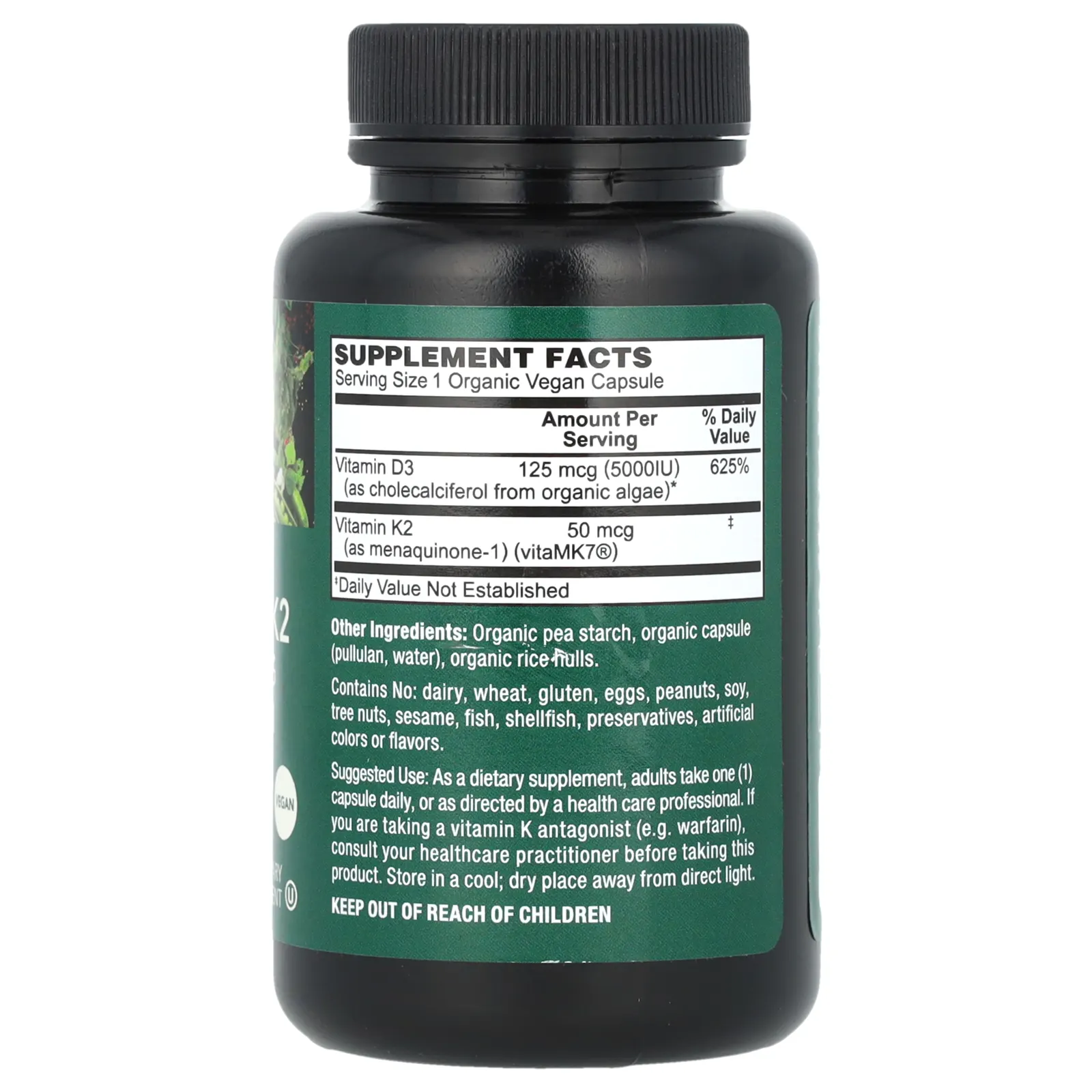 PlantFusion, Органический веганский витамин D3 + K2, 5000 МЕ / 50 мкг, 60 органических вегетарианских капсул