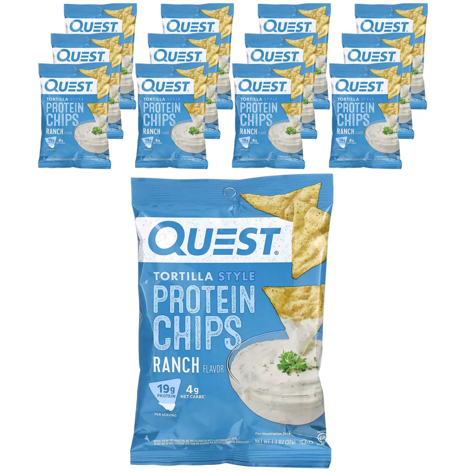 Quest Nutrition, протеиновые чипсы в стиле тортильи, вкус сыра, фермерский вкус, 12 пакетиков, 32 г (1,1 унции)