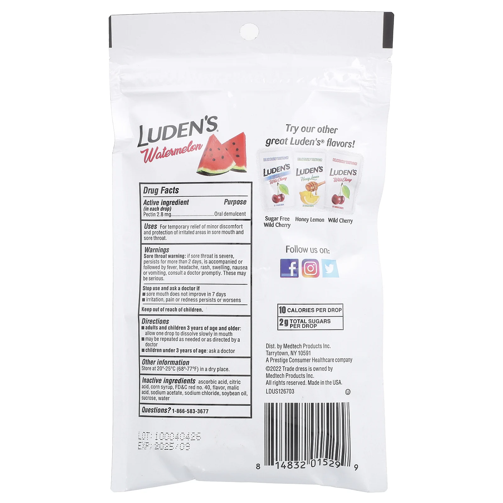 Luden's, Леденцы с пектином / успокаивающее средство для полости рта, арбуз, 25 леденцов для горла