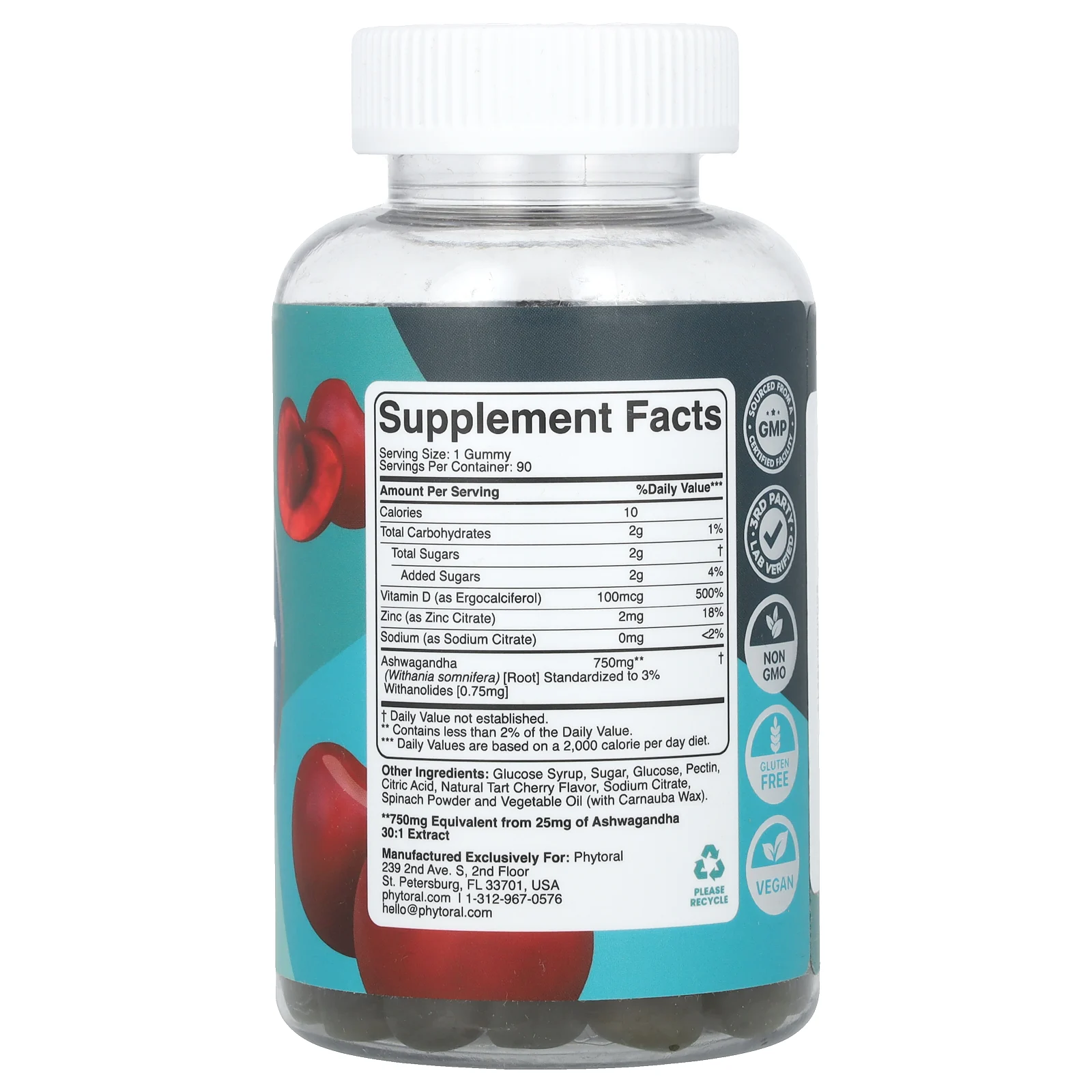 Phytoral, жевательные таблетки с комплексом ашваганды, со вкусом вишни, 90 жевательных таблеток