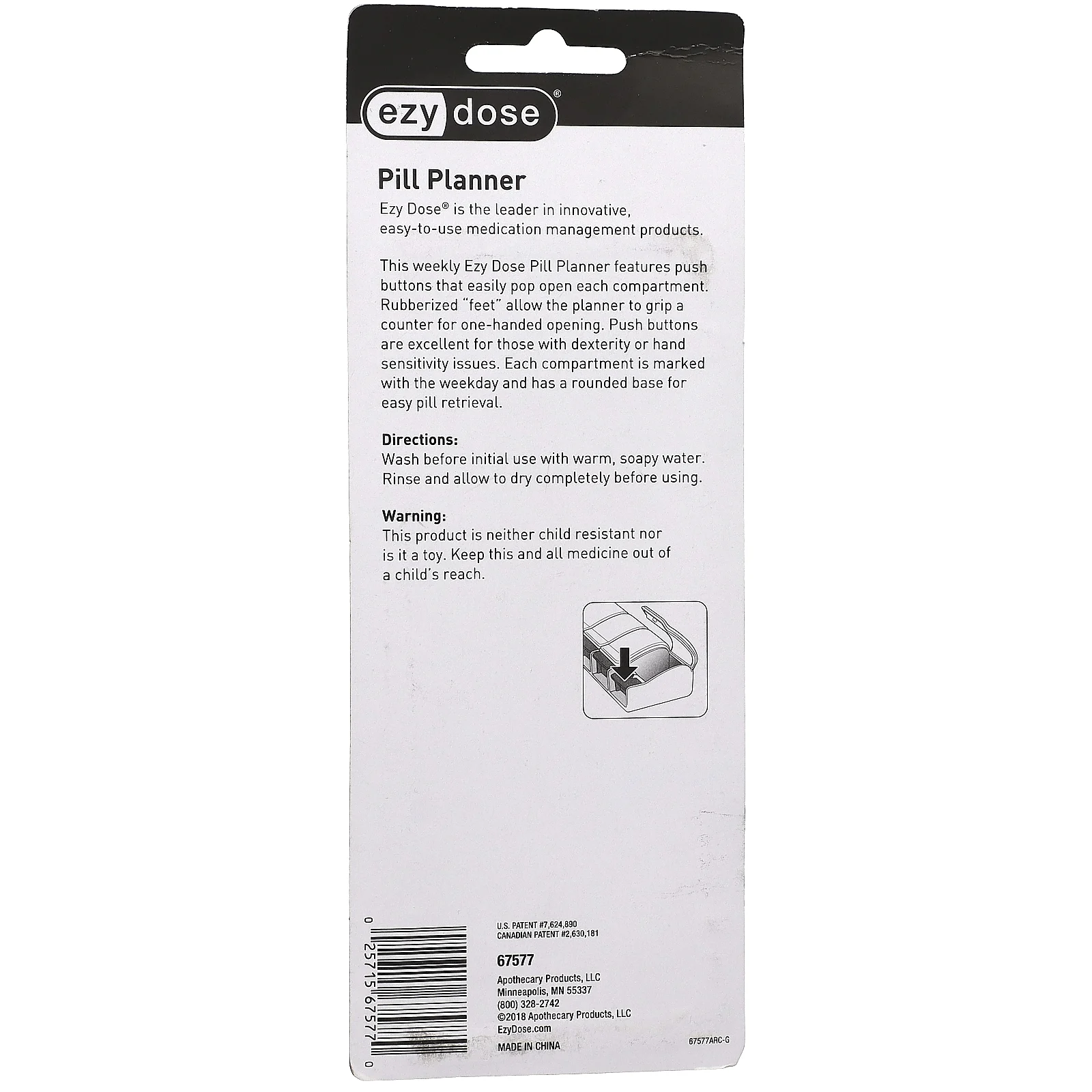 Ezy Dose, Weekly with Push Buttons, ежедневник для таблеток, средний, 1 шт.