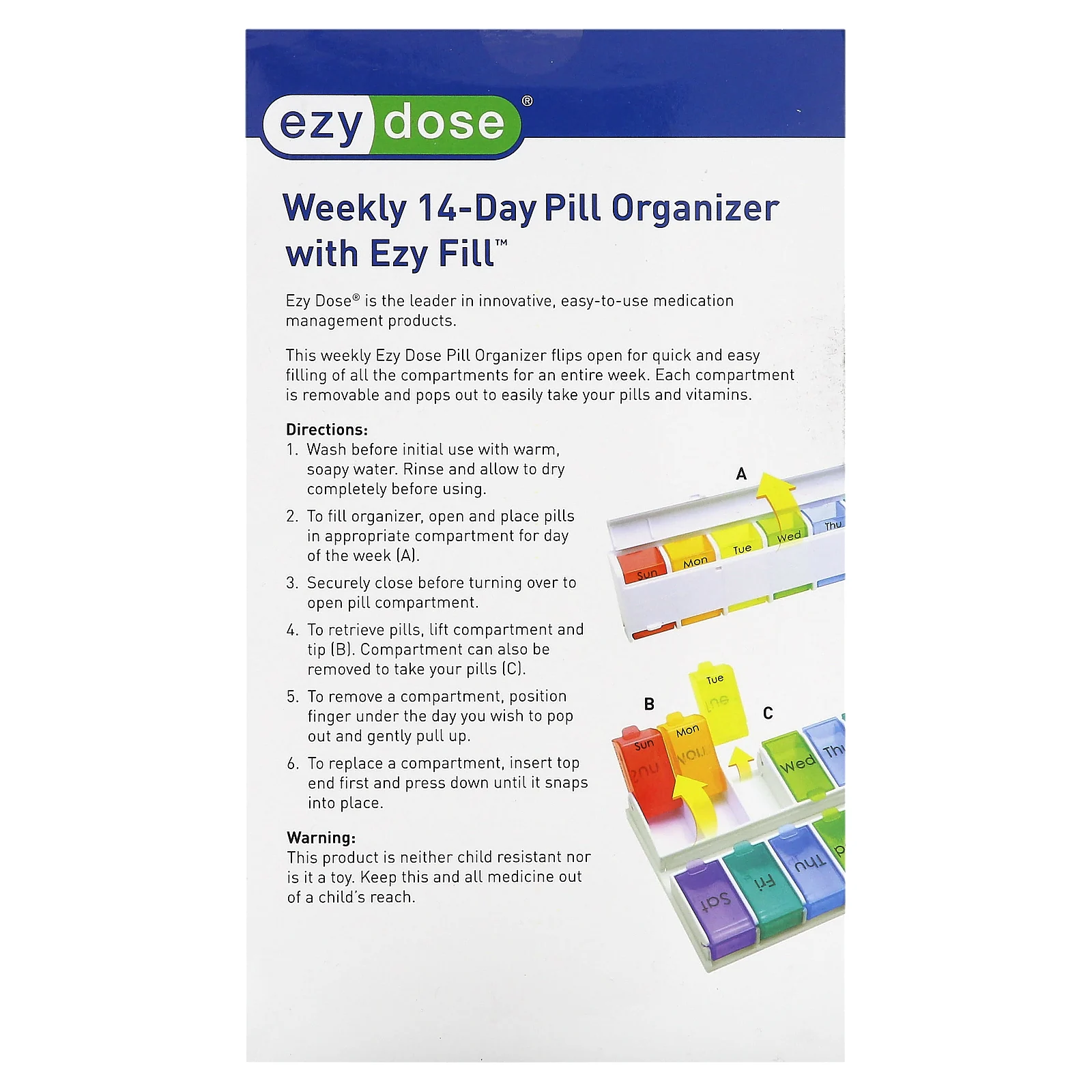 Ezy Dose, Weekly 14-Day, с органайзером для таблеток Ezy Fill, 1 шт.