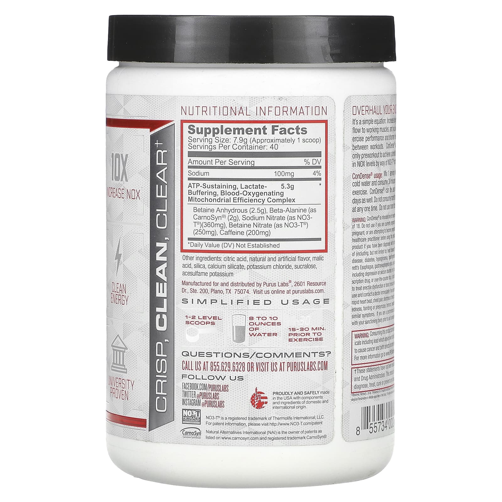 Purus Labs, ConDense, предтренировочный комплекс для повышения выносливости, со вкусом арбуза и клубники, 316 г (11,1 унции)