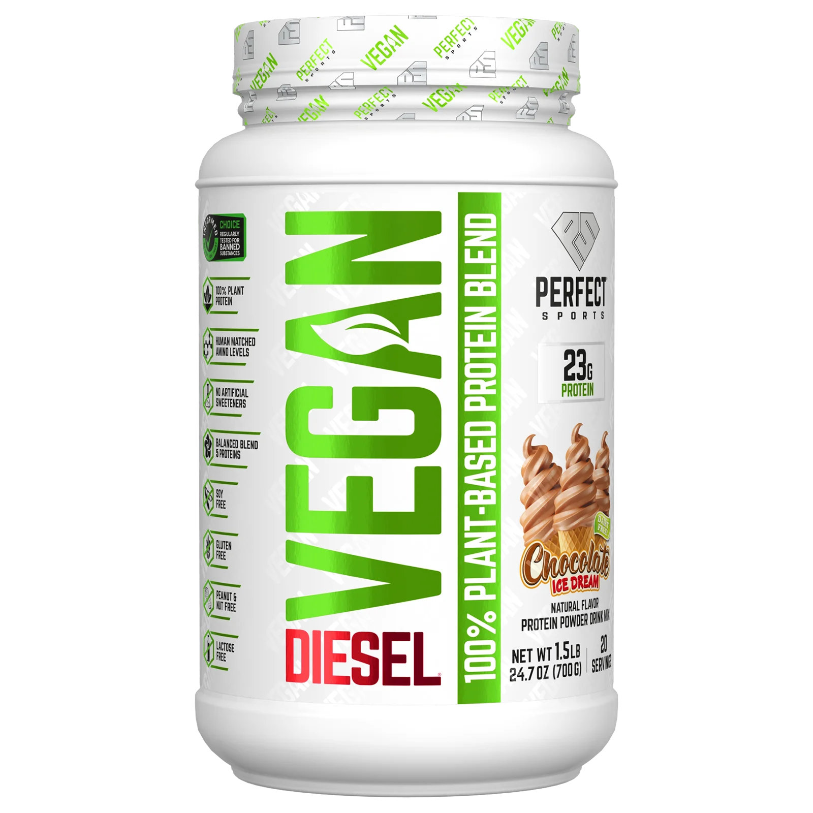 Perfect Sports, Vegan Diesel, смесь 100% растительных белков, шоколадное мороженое, 700 г (1,5 фунта)