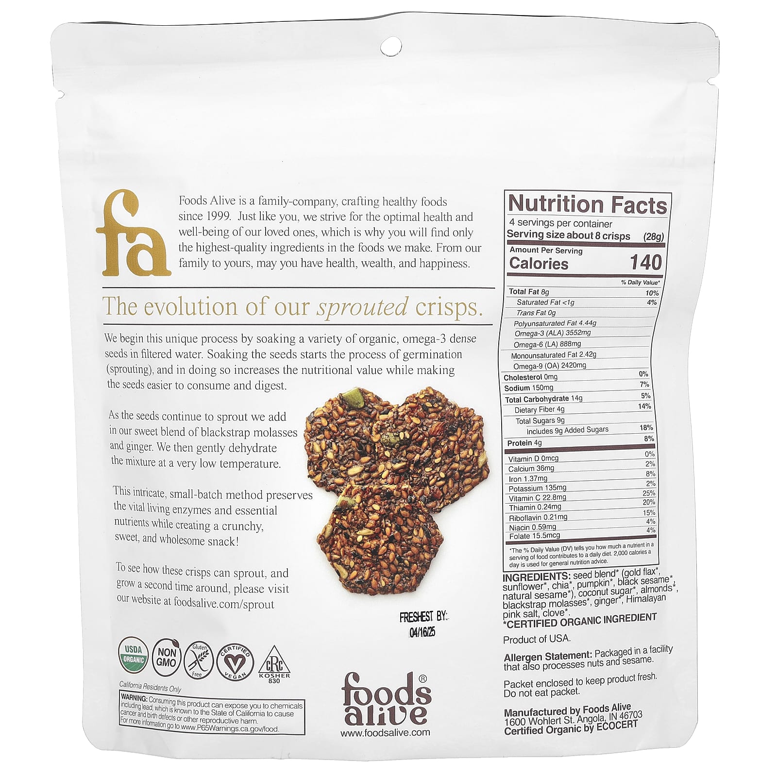 Foods Alive, Хрустящие чипсы, имбирь, 113 г (4 унции)