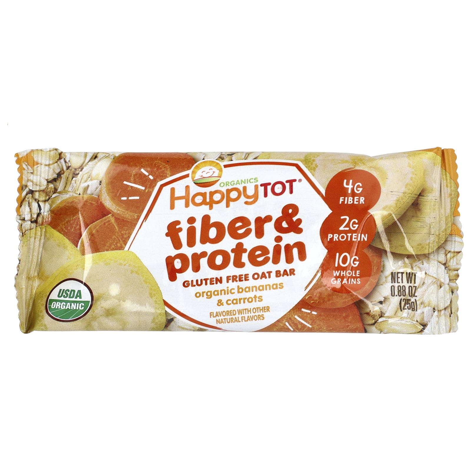 Happy Family Organics, HappyTot, овсяный батончик с клетчаткой и протеином, без глютена, с органическими бананом и морковью, 5 батончиков по 25 г (0,88 унции)