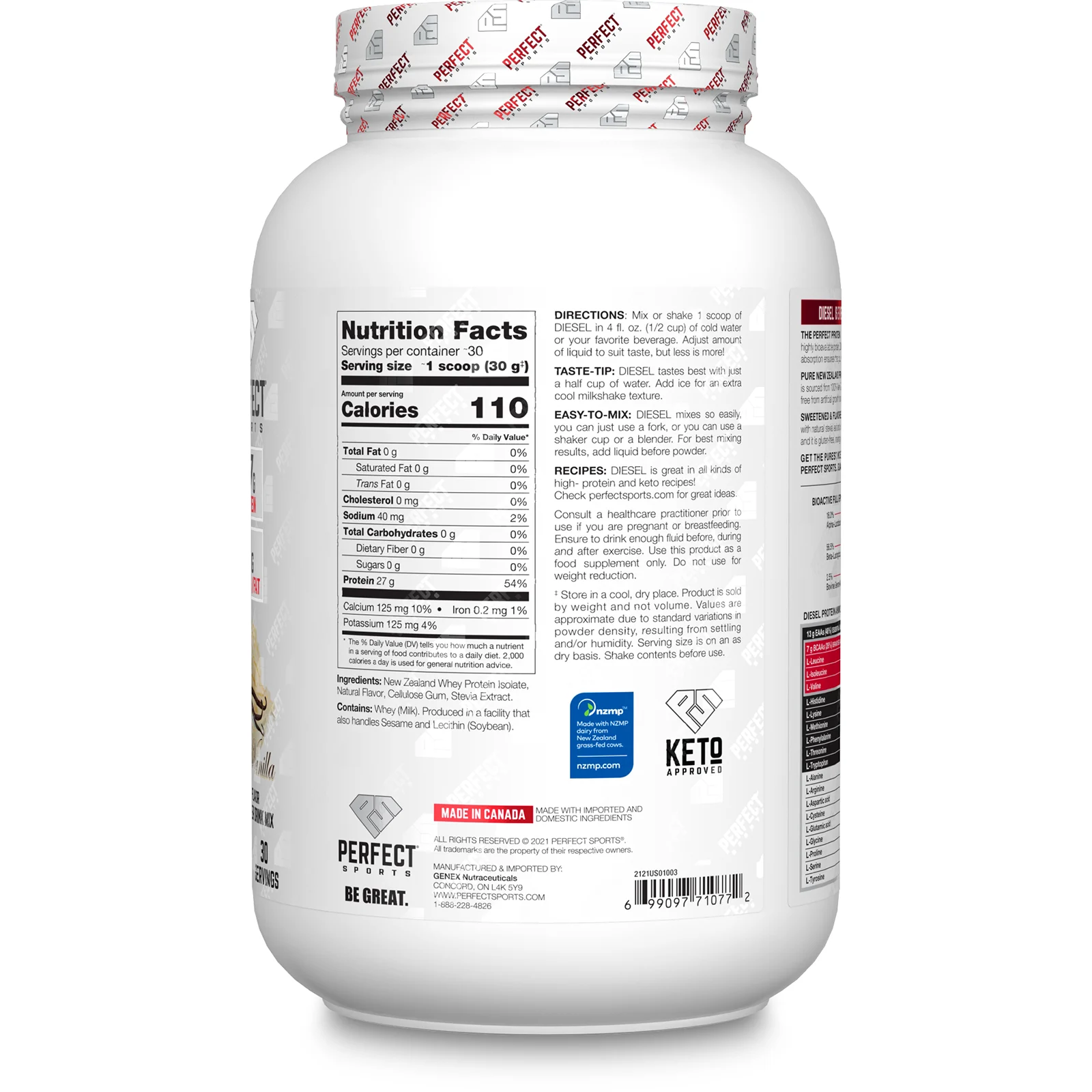 PERFECT Sports, Diet, новозеландский сывороточный изолят, французская ваниль, 908 г (2 фунта)