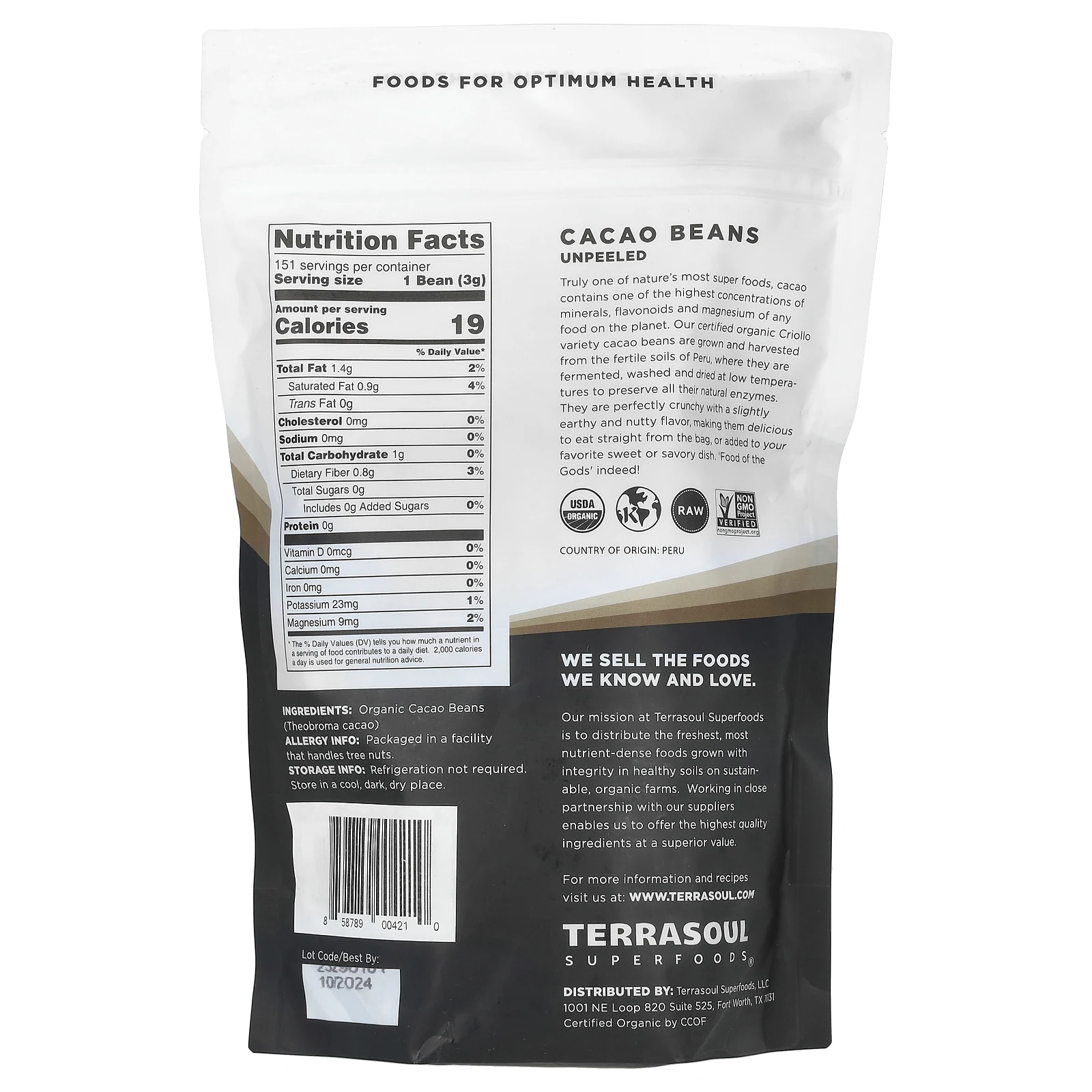 Terrasoul Superfoods, какао-бобы, неочищенные, 454 г (16 унций)