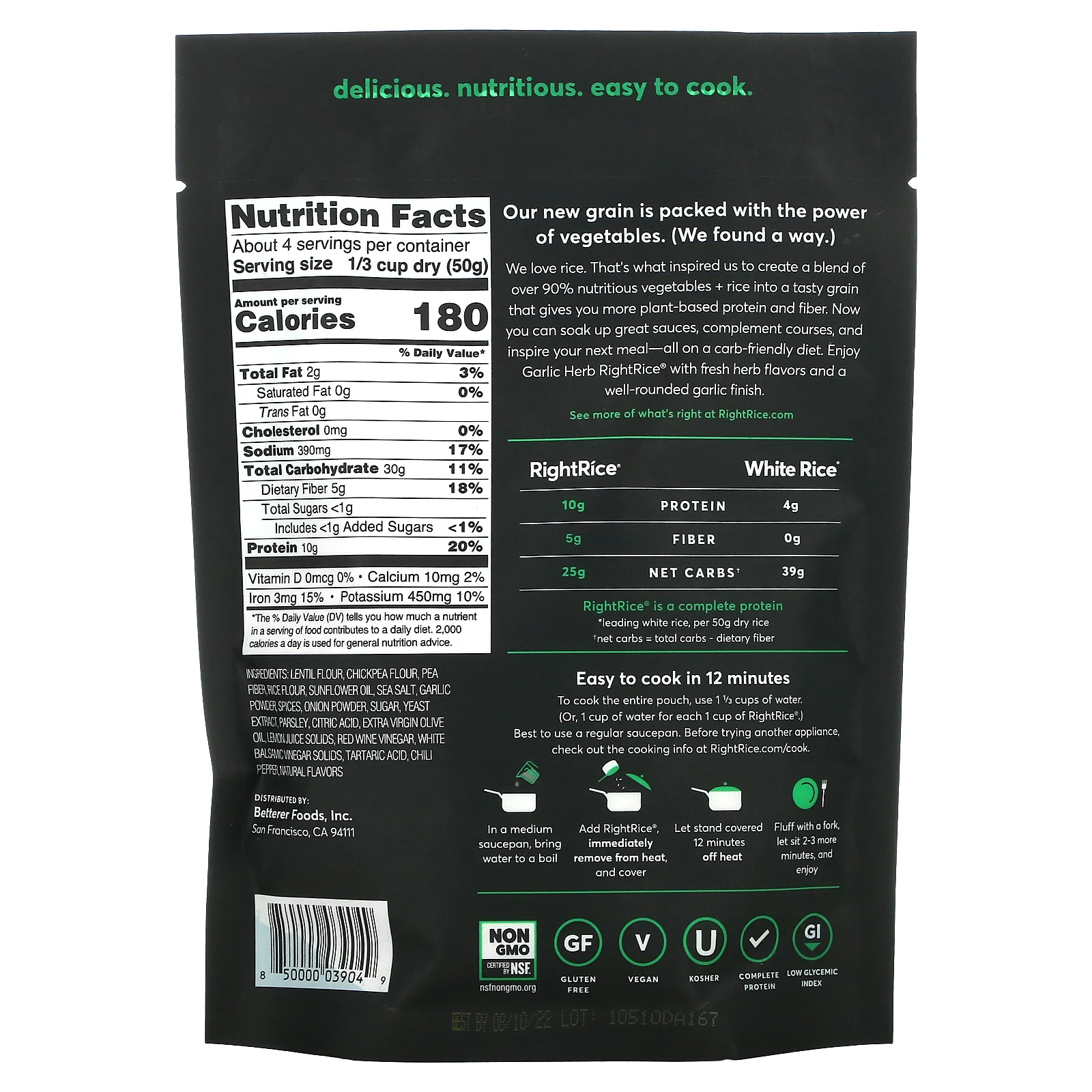 RightRice, Сделано из овощей, чеснок и травы, 198 г (7 унций)