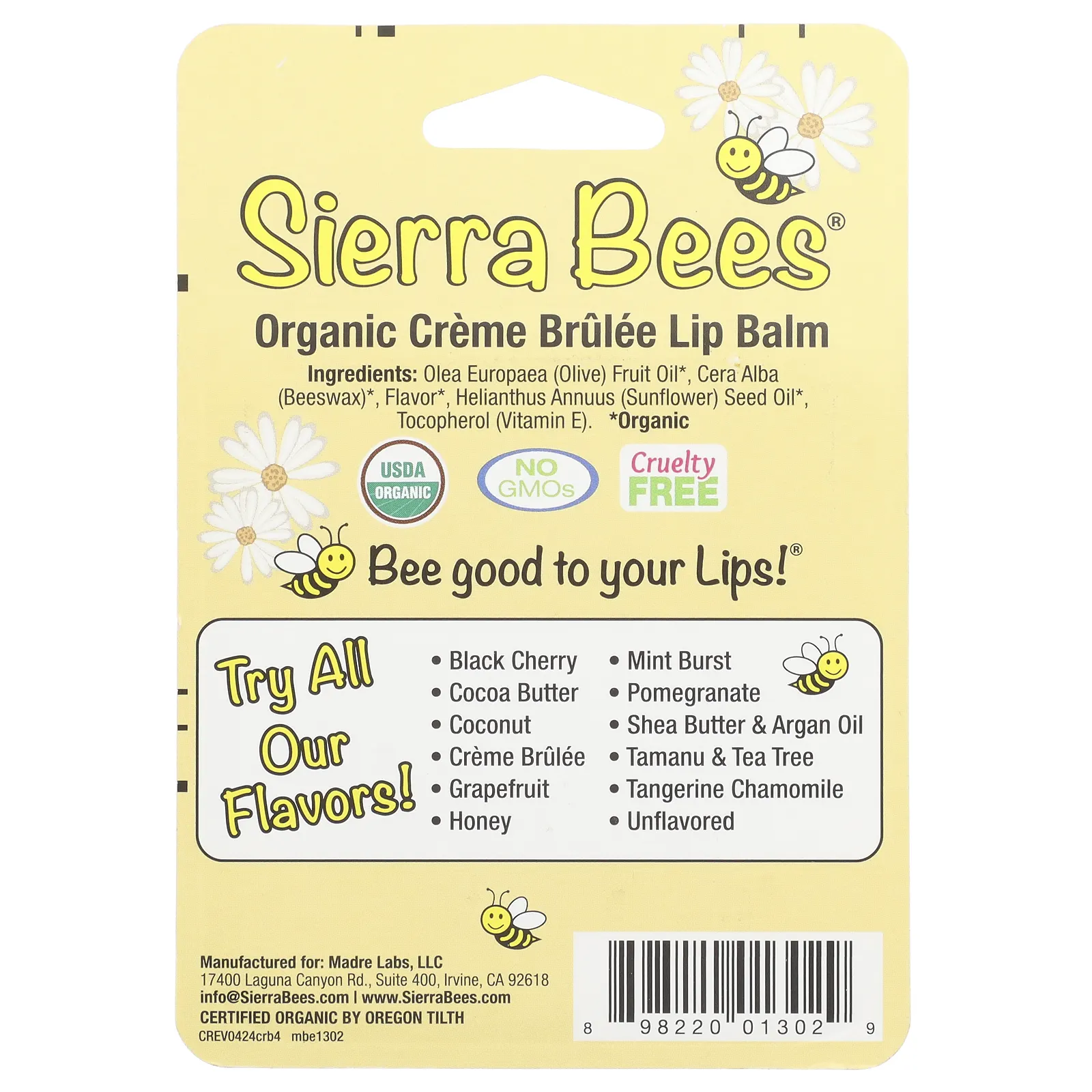 Sierra Bees, органический бальзам для губ, крем-брюле (ваниль), 4 шт. по 4,25 г (0,15 унции) в упаковке