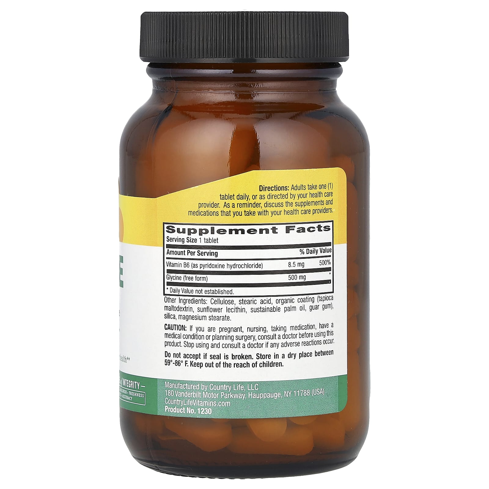 Country Life, глицин, 500 мг, 100 таблеток