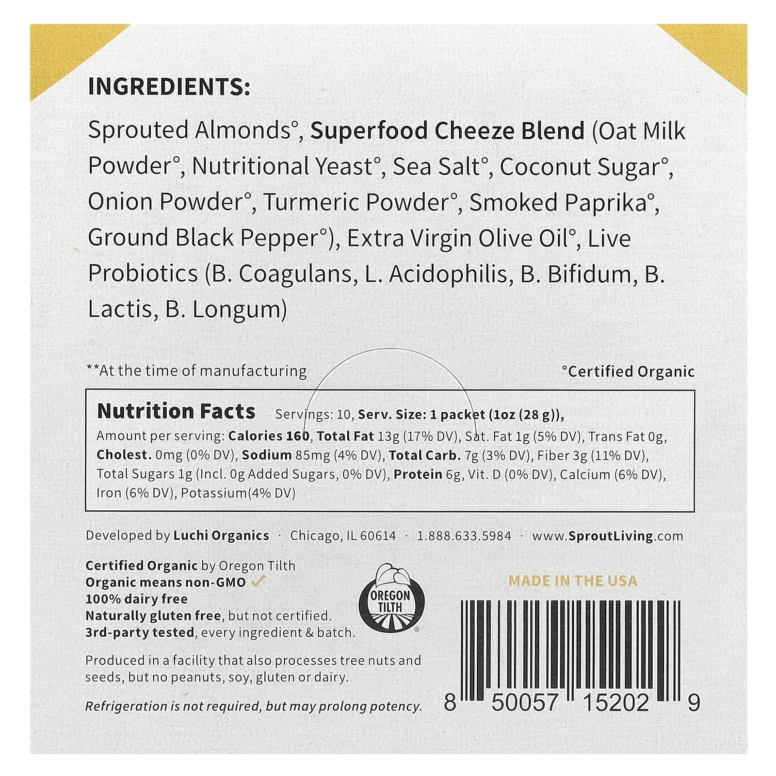 Sprout Living, Пробиотический миндаль, сыр чеддер, 10 пакетиков по 28 г (1 унция)