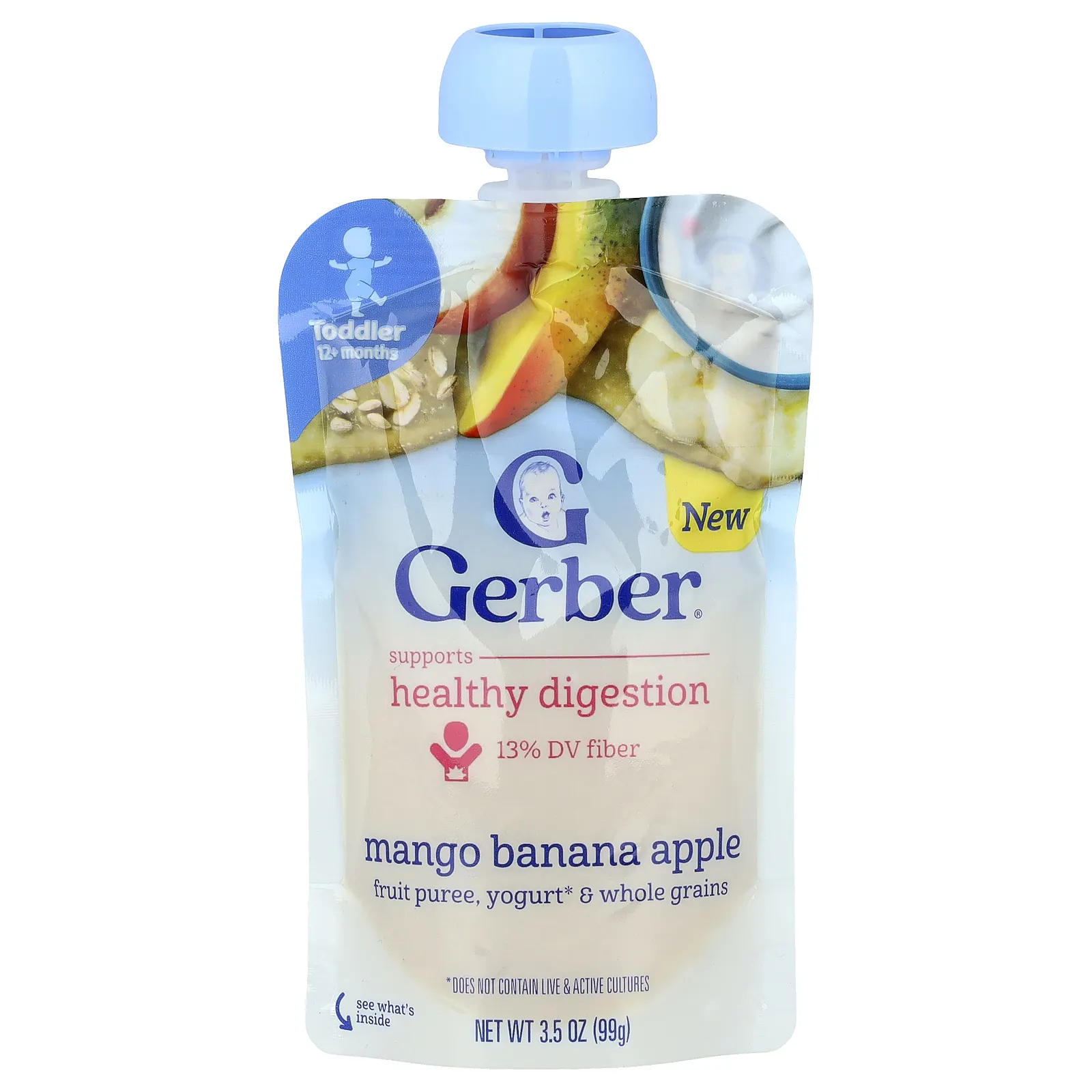 Gerber, Фруктовое пюре, йогурт и цельнозерновые, от 12 месяцев, манго, банан и яблоко, 99 г (3,5 унции)