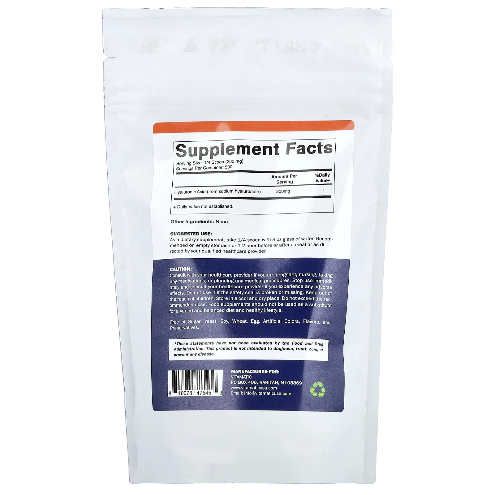 Vitamatic, гиалуроновая кислота, в виде порошка, без добавок, 100 г (3,5 унции)