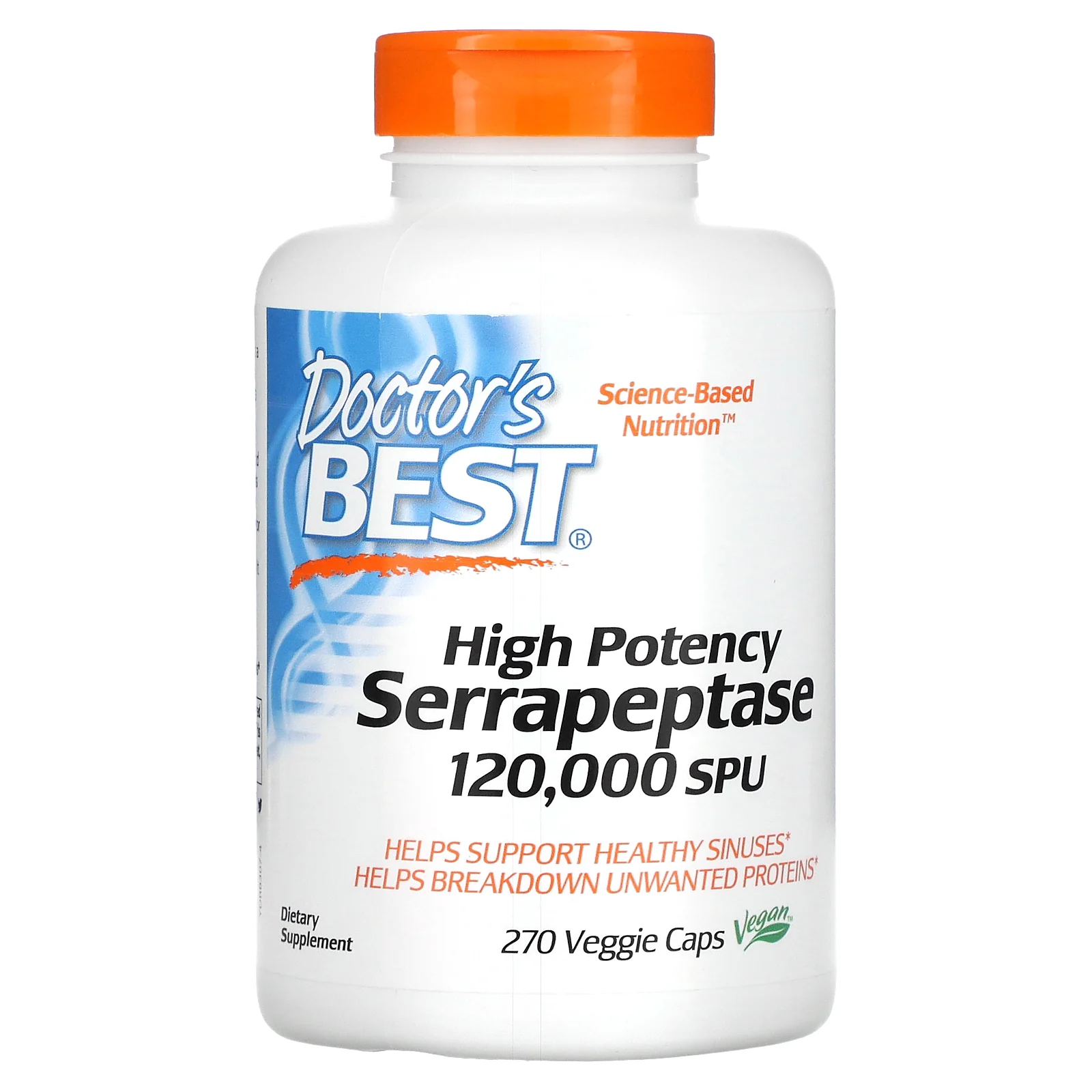 Doctor's Best, высокоэффективная серрапептаза, 120 000 SPU, 270 вегетарианских капсул