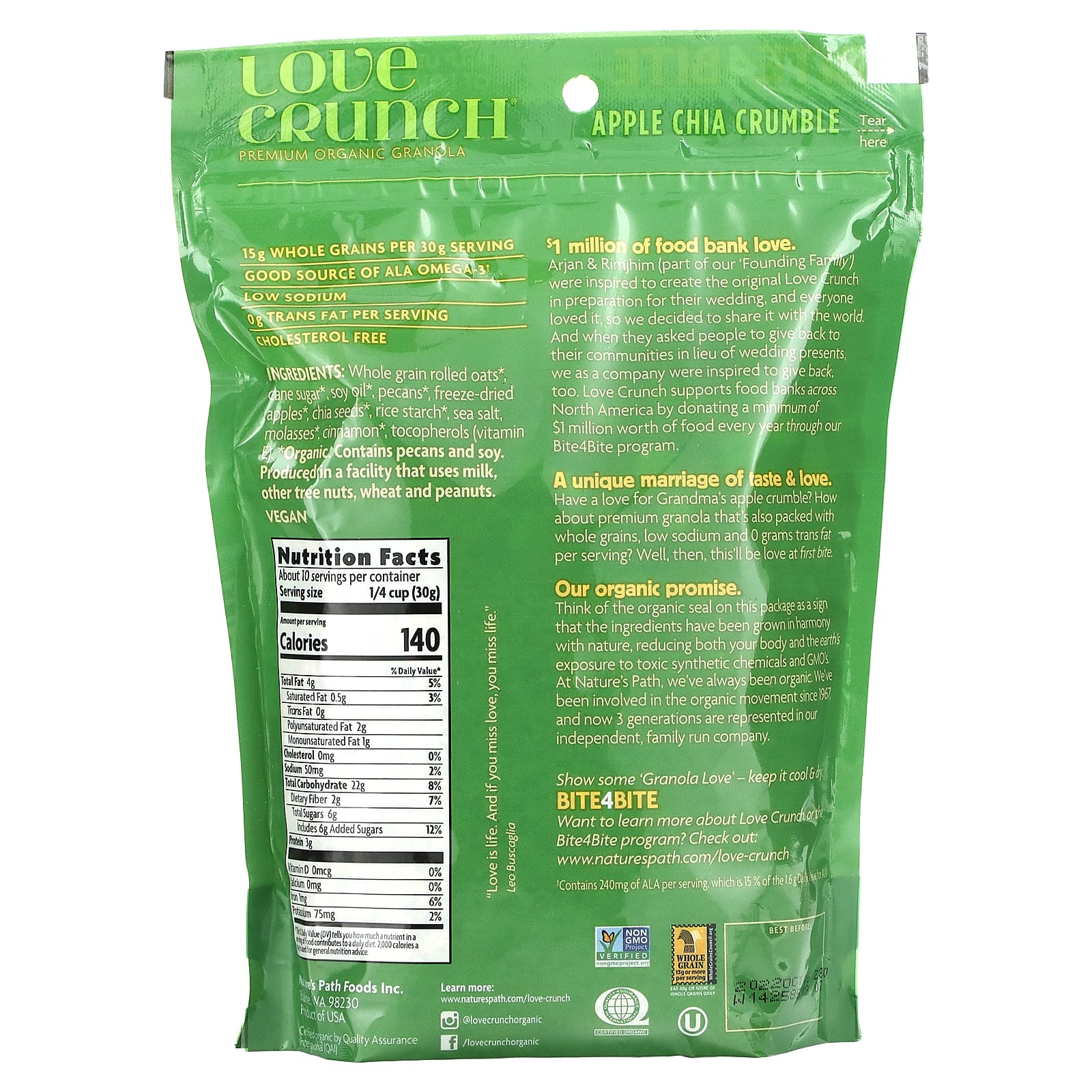 Nature's Path, Love Crunch, высококачественные органические мюсли, яблочный пирог с чиа, 11.5 унц. (325 г)