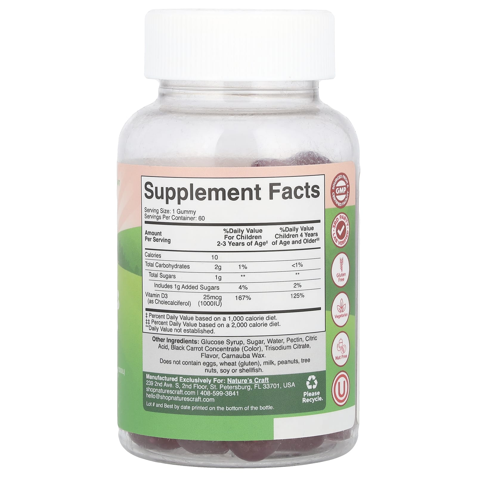 Nature's Craft, Жевательные таблетки с витамином D3 для детей, ягодное ассорти, 25 мкг (1000 МЕ), 60 жевательных таблеток