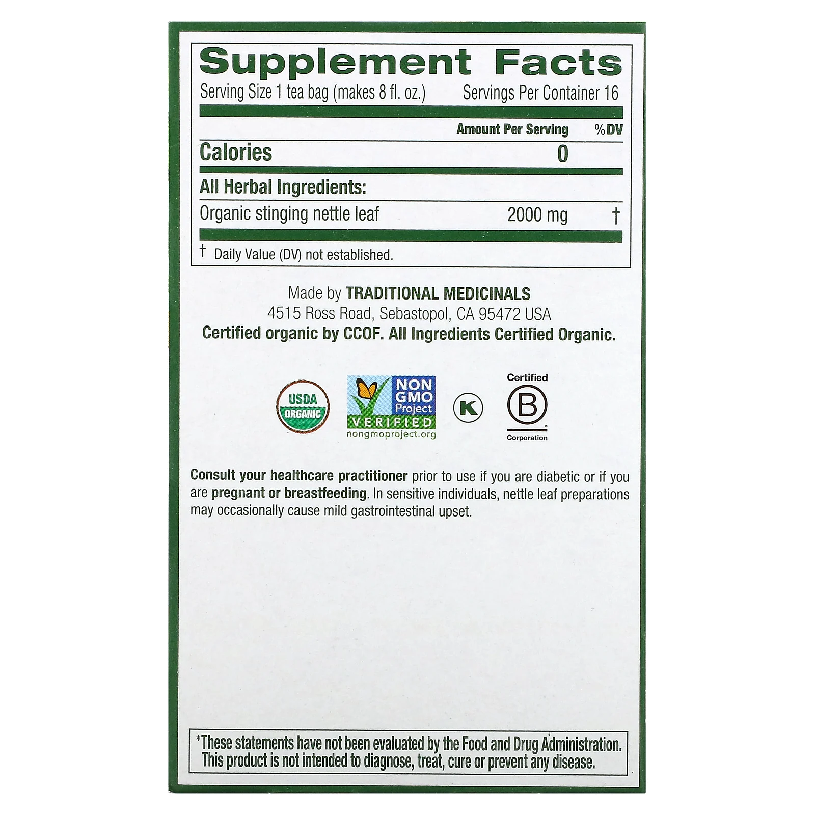 Traditional Medicinals, листья органической крапивы, без кофеина, 16 чайных пакетиков, 32 г (1,13 унции)